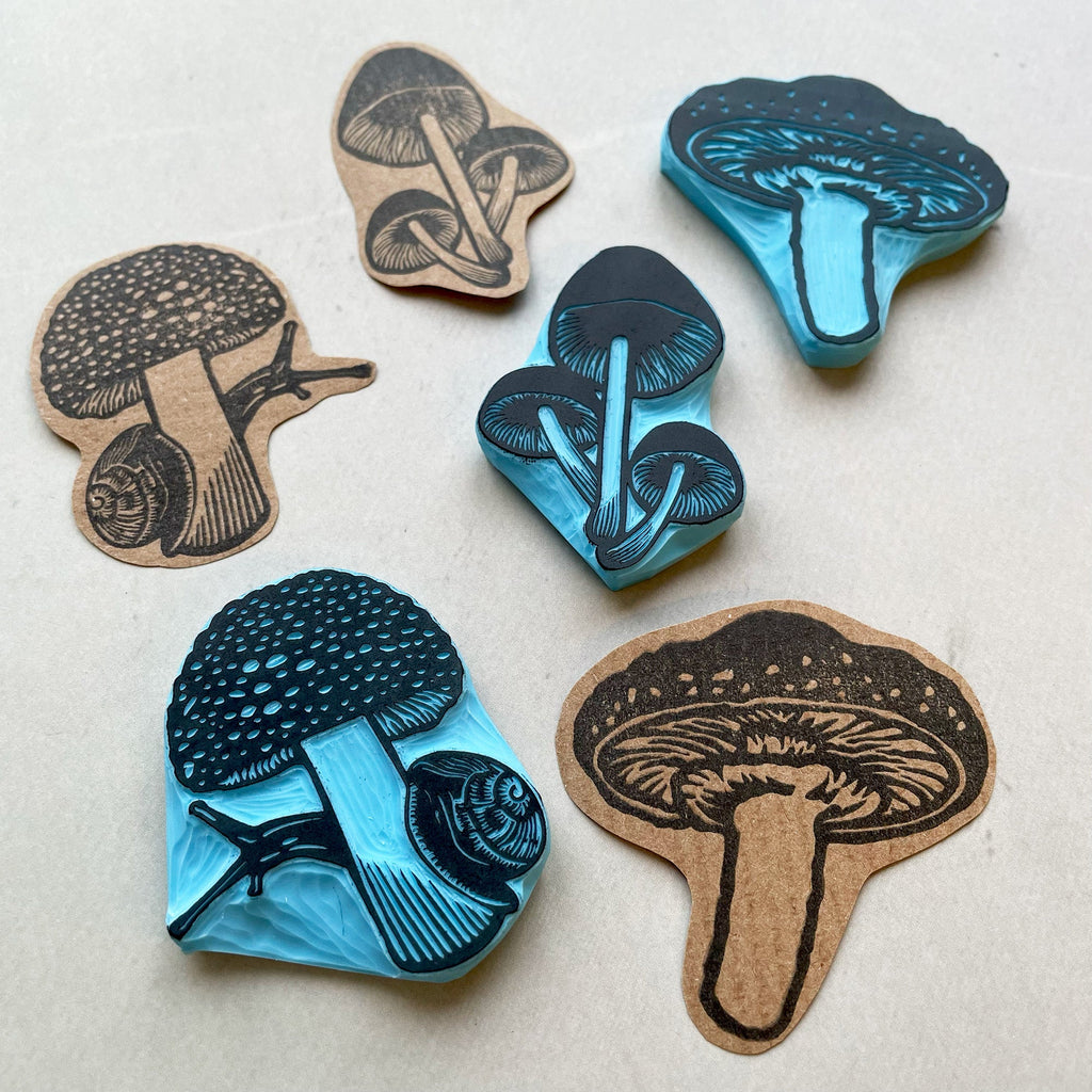 Hand carved rubber stamps of mushrooms