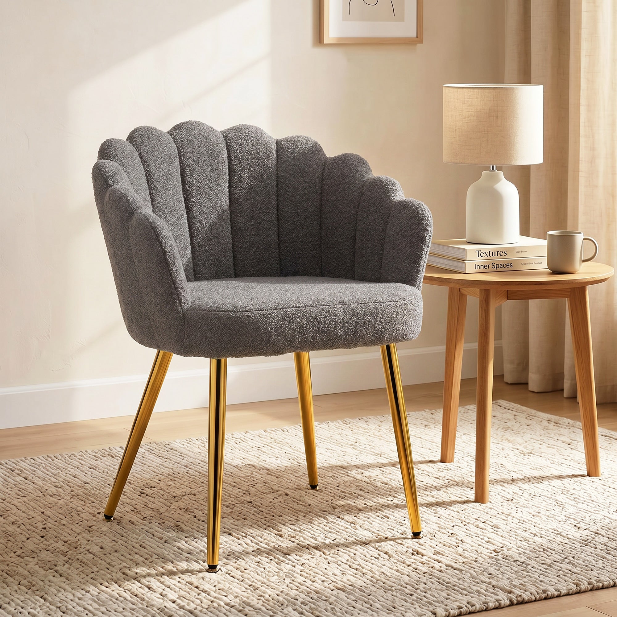 Petal-Back Lounge Chair with Faux Lamb's Wool, Metal Legs & Adjustable Feet Grey