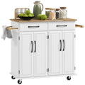 Rolling Kitchen Island with 2 Drawers and Rubberwood Top, White
