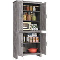64" Freestanding Kitchen Pantry Cabinet with 4 Doors & Adjustable Shelves, Gray Oak
