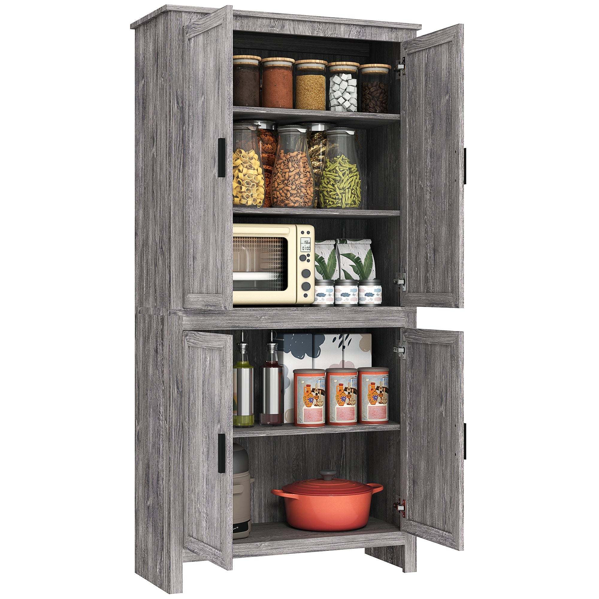 64" Freestanding Kitchen Pantry Cabinet with 4 Doors & Adjustable Shelves, Gray Oak