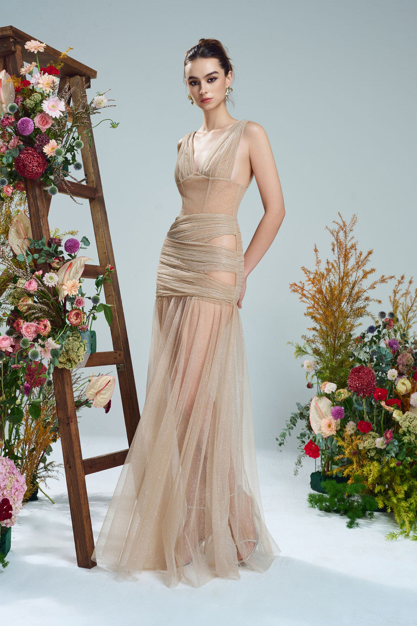 Élégant Glitter Mesh Cut-Out Silk Evening Gown