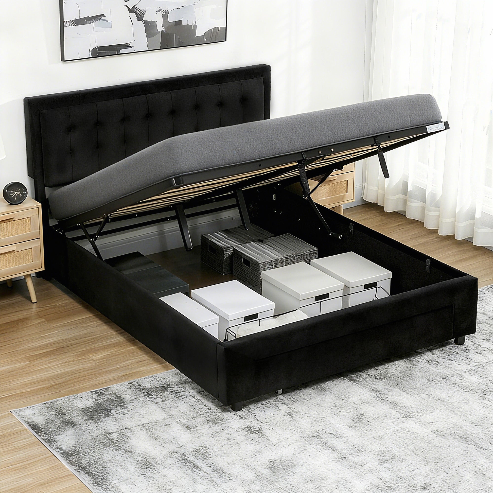5ft King Ottoman Bed Frame with Gas Lift Storage, Adjustable Headboard, Black