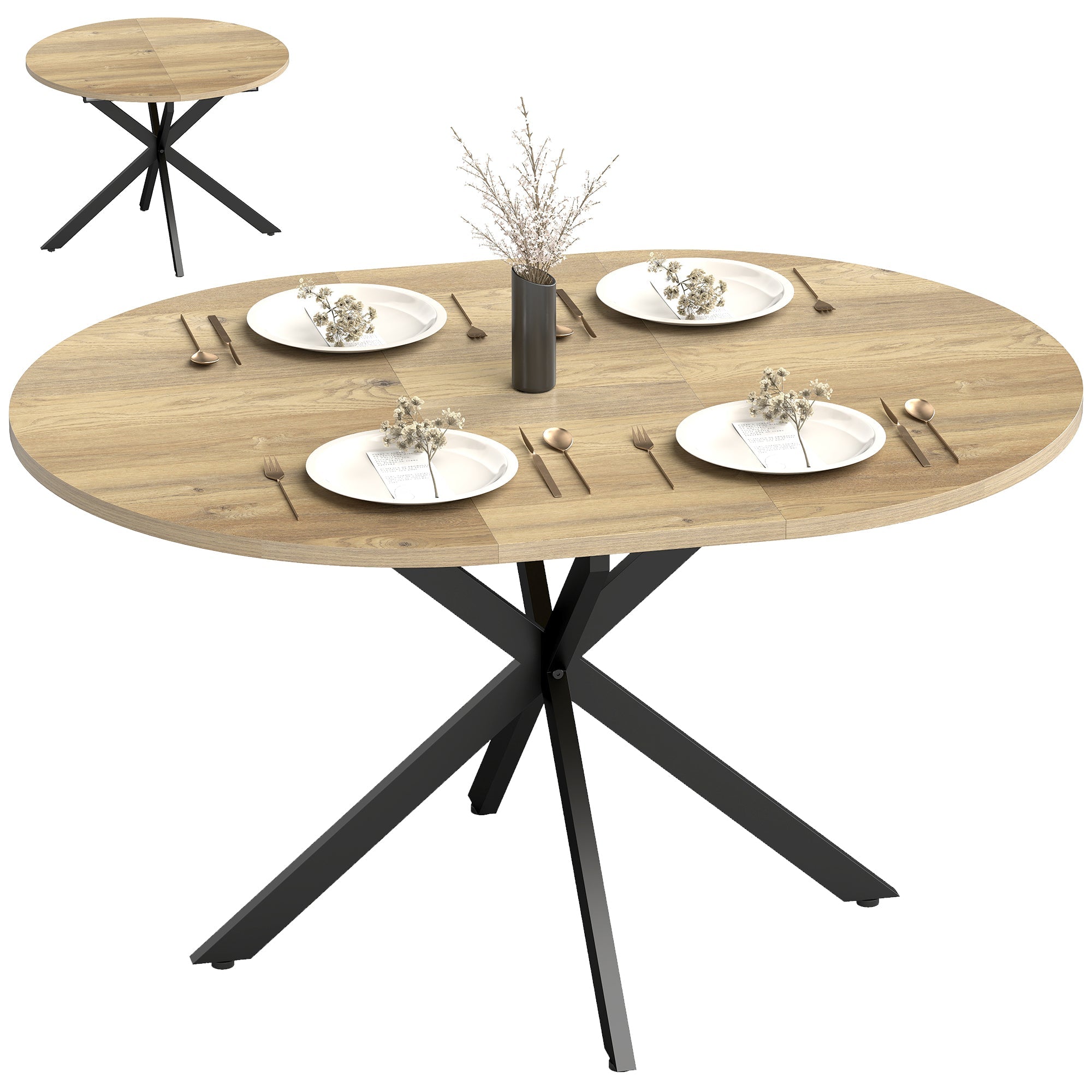Extendable Dining Table for 4-6 with Butterfly Leaf, 100-135 cm Round-to-Oval Natural Wood