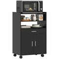 Microwave Cart with Wheels featuring Worktop, Open Shelves & Drawer, Black