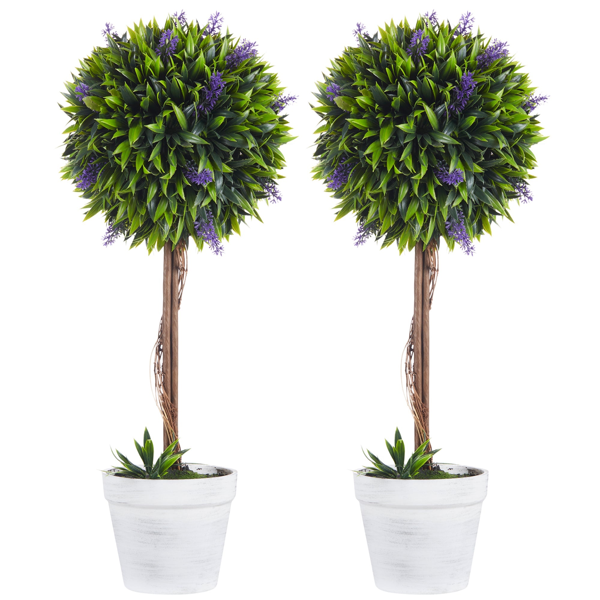 Set of 2 Decorative Artificial Plants Ball Trees with Lavender Flowers, 60cm, Green