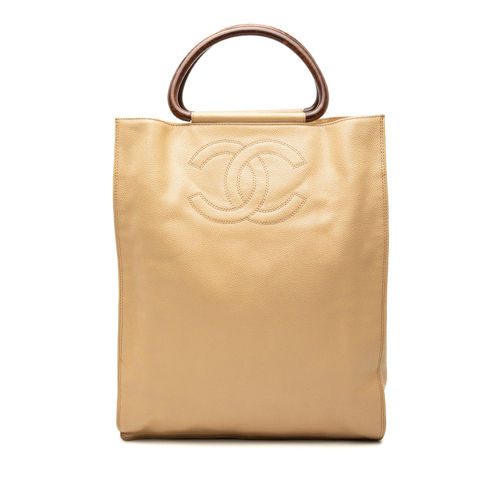 CC Caviar Wood Top Handle Tote Bag