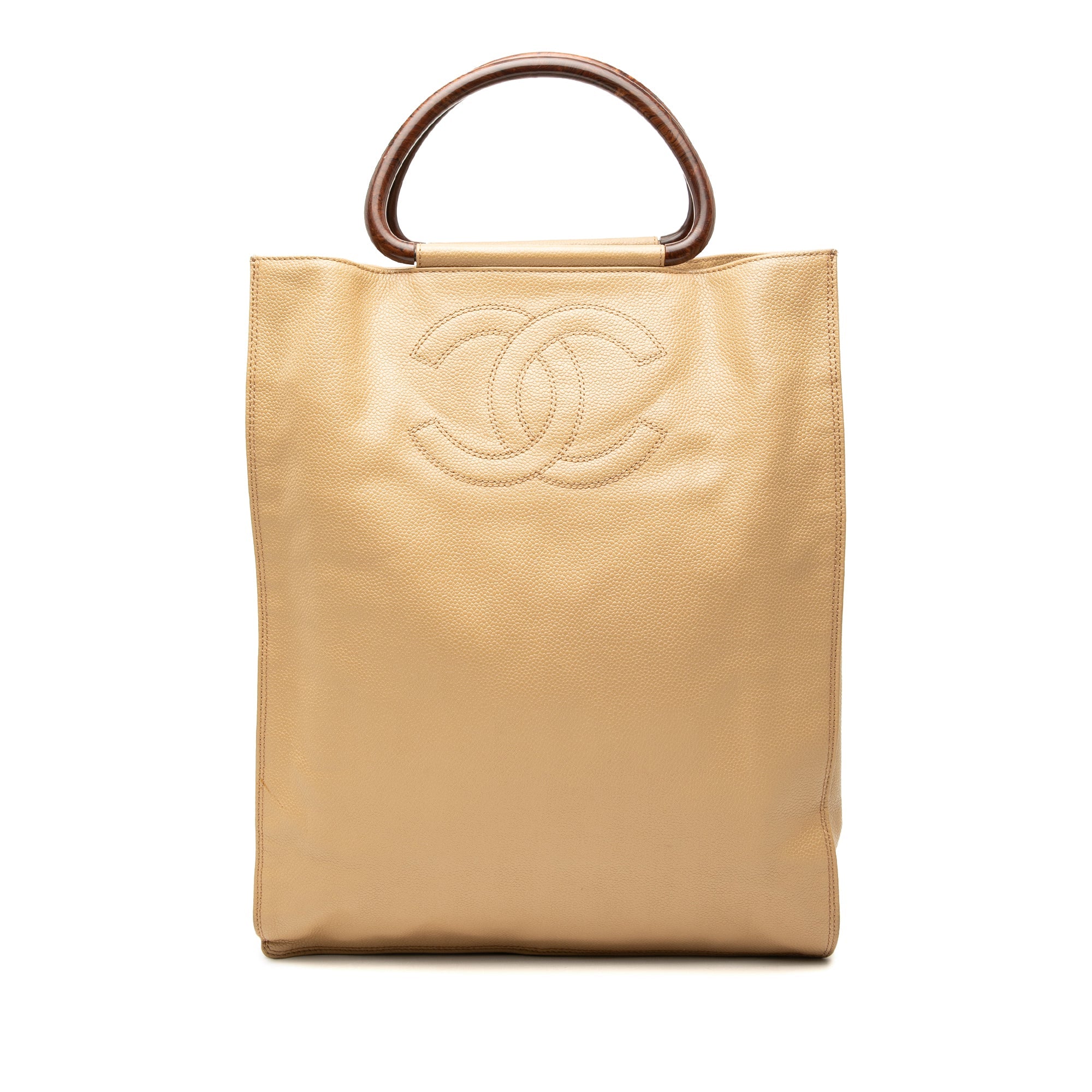 CC Caviar Wood Top Handle Tote Bag