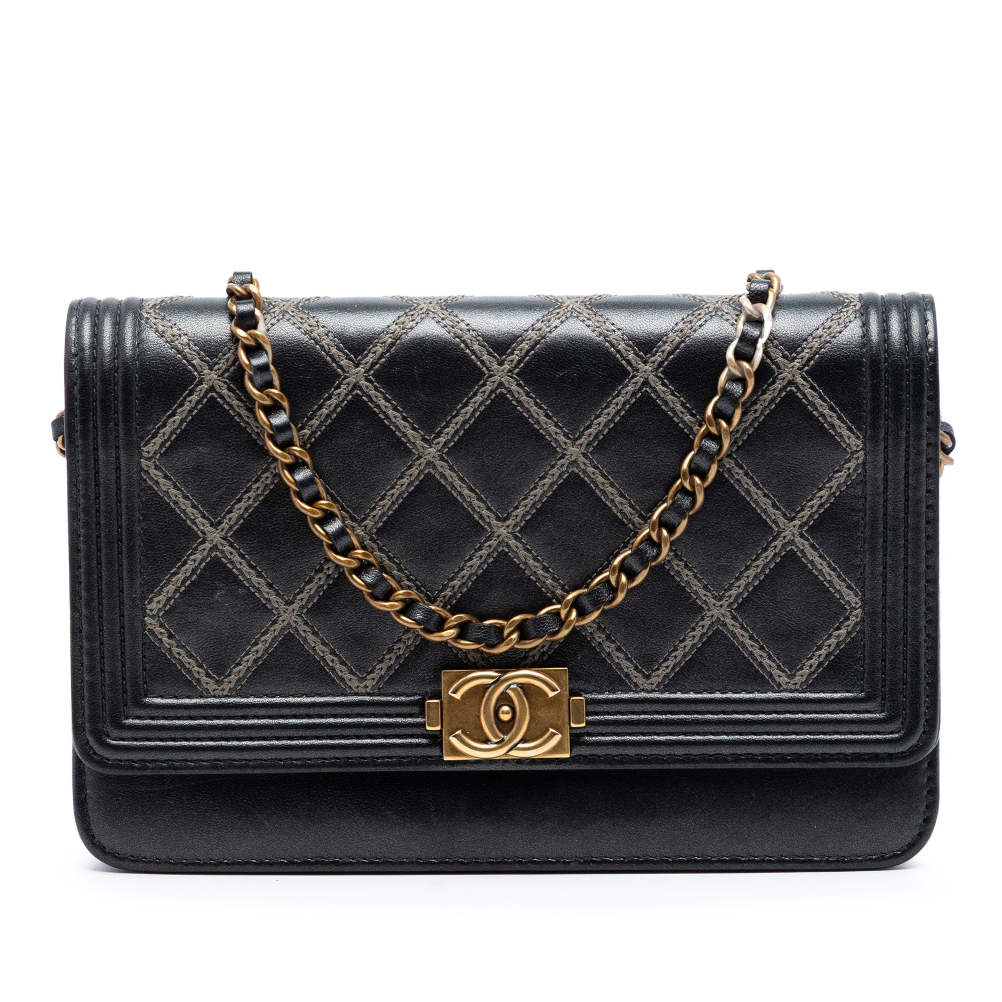 Quilted Lambskin Double Stitch Boy Wallet On Chain
