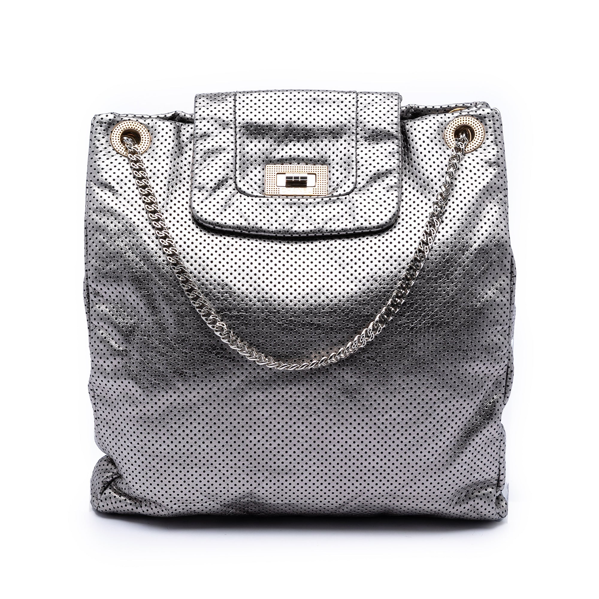Perforated Crackled Metallic Calfskin Drill Tote