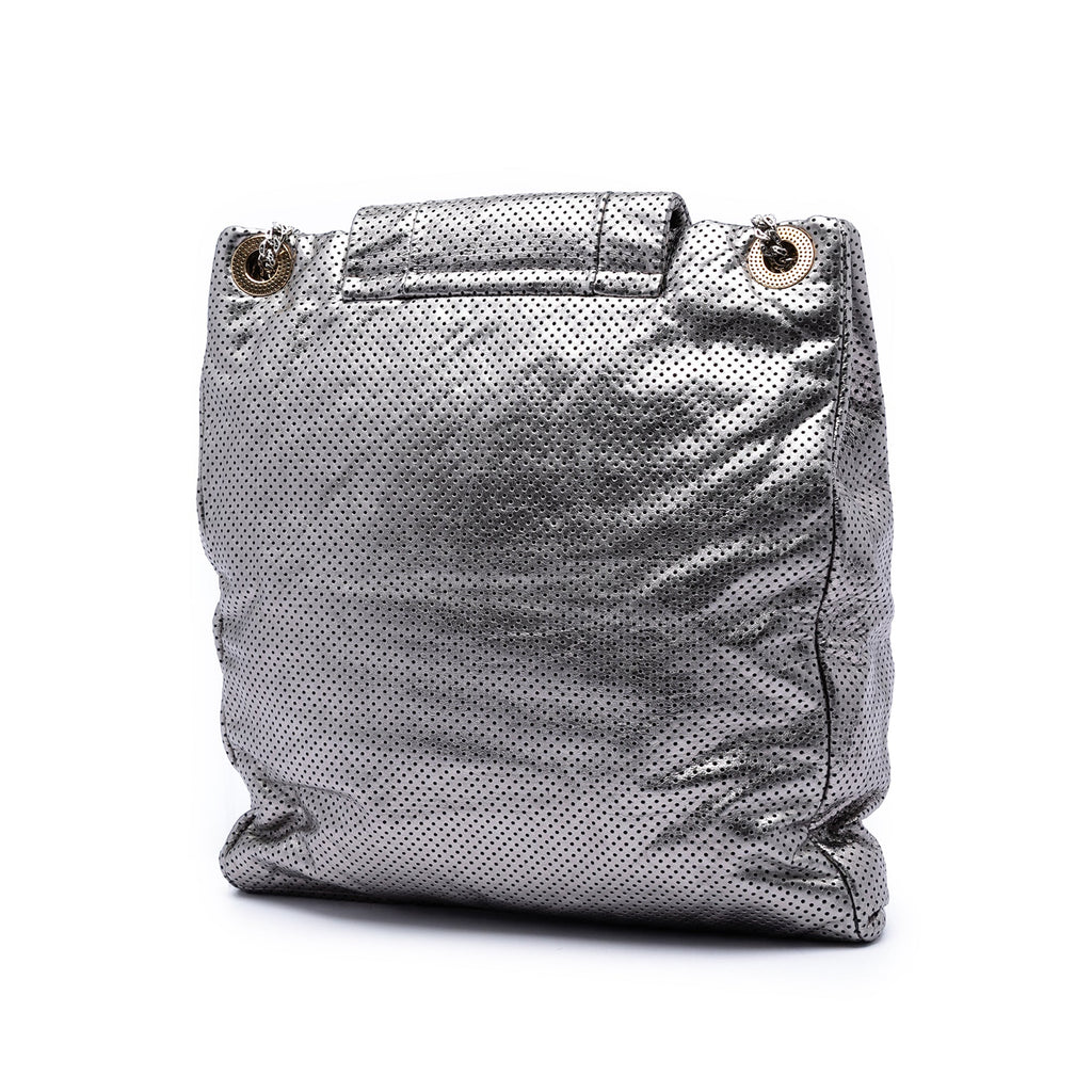 Perforated Crackled Metallic Calfskin Drill Tote