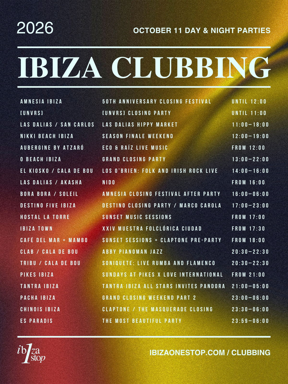 October 11, 2026 Ibiza Parties at O Beach, Pacha, Destino Five, Chinois, Playa Soleil, Akasha and More: PAWSA, Marco Carola, Claptone and More