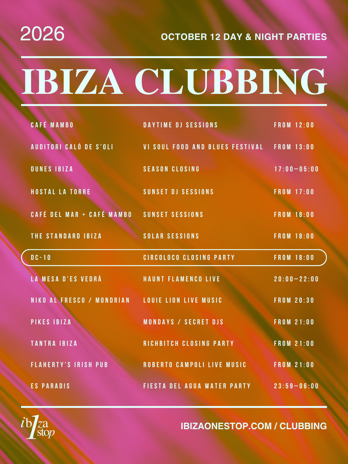 October 12, 2026 Ibiza Parties at DC-10, Pikes and Es Paradis and More: Circoloco Closing, Dunes Season Finale and Live Music
