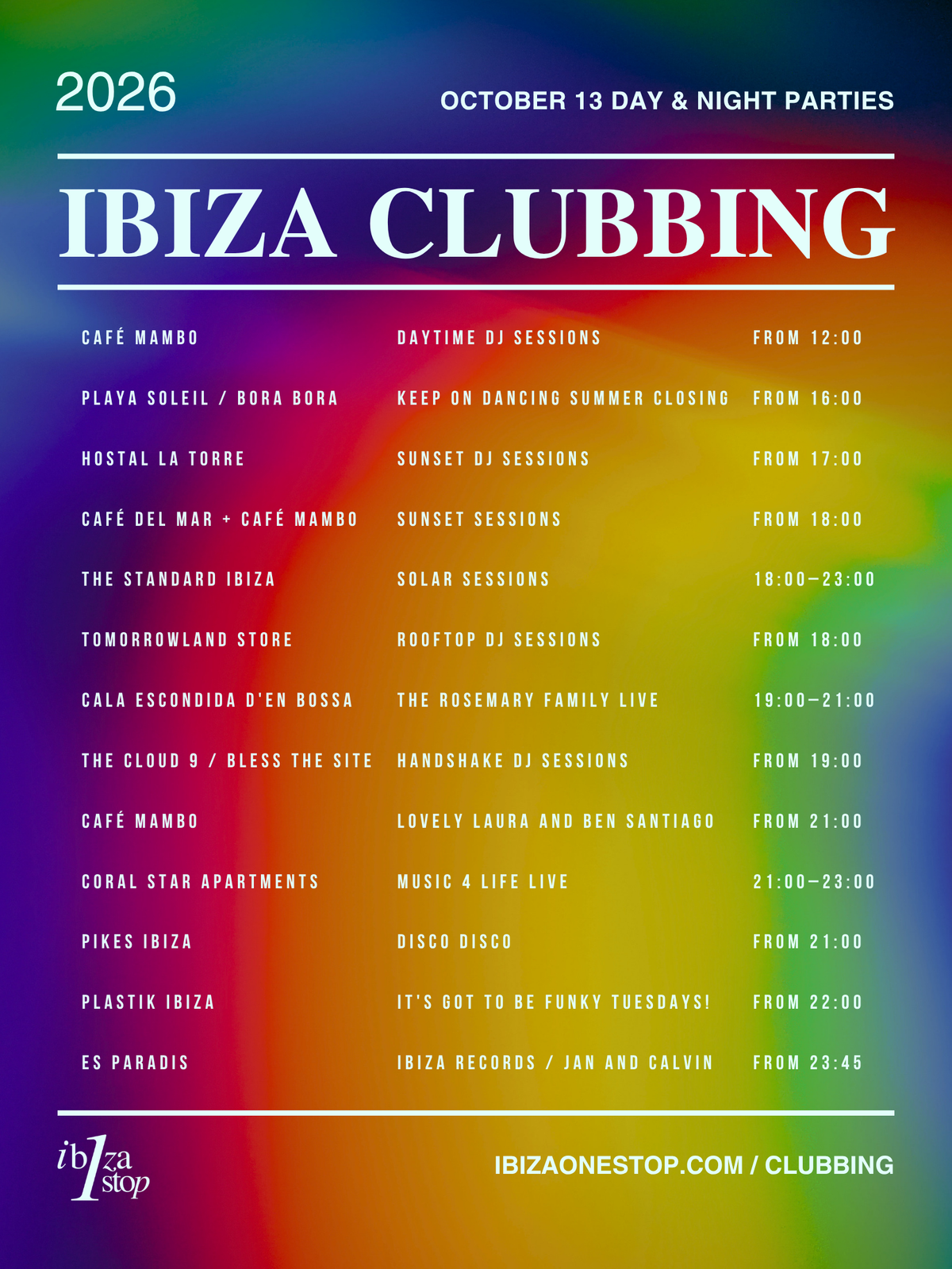October 13, 2026 Ibiza Parties at Playa Soleil, Pikes and Es Paradis and More: Keep On Dancing Closing, Disco Disco and Live Music