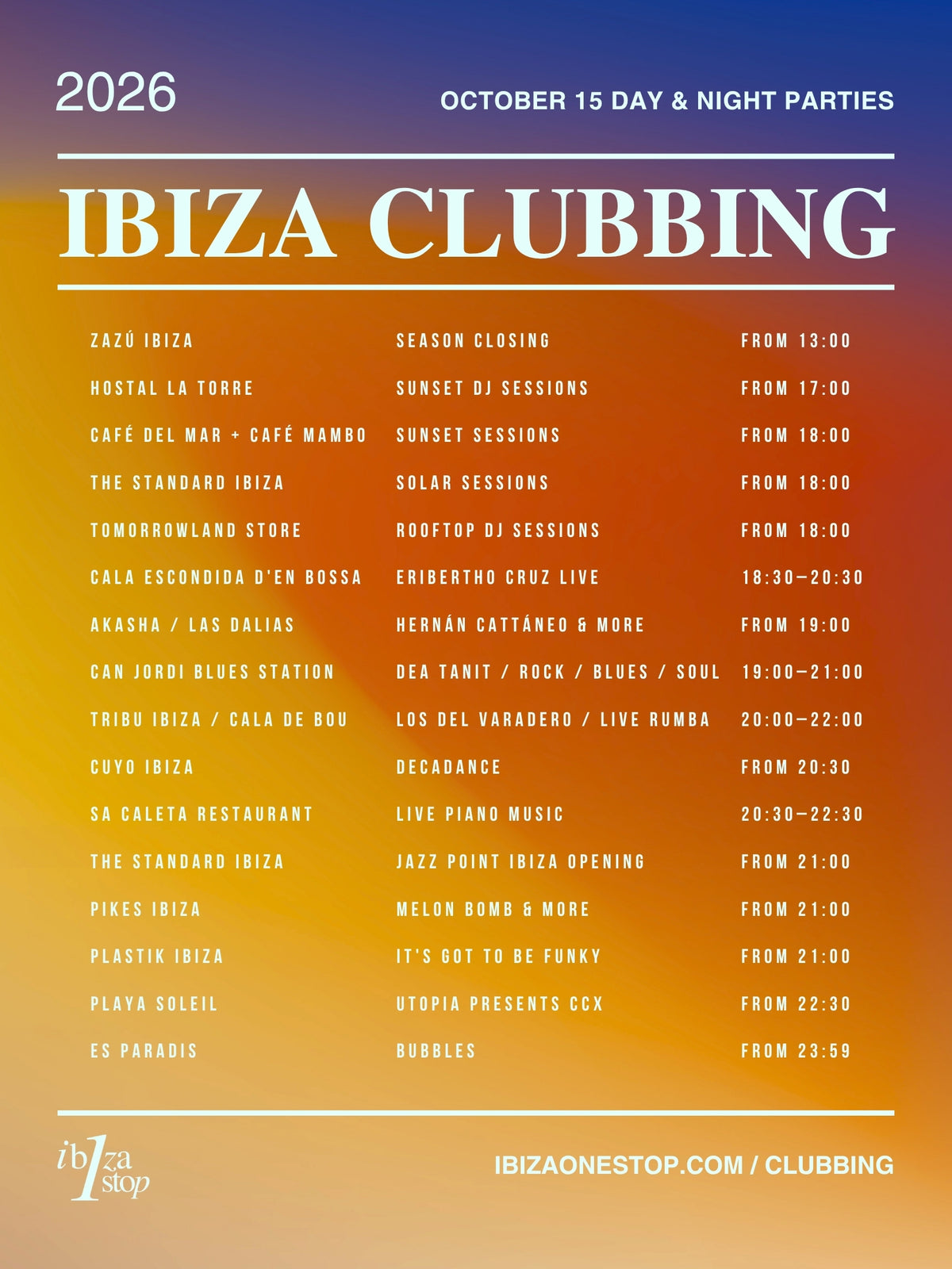October 15, 2026 Ibiza Parties at Las Dalias, Playa Soleil, Pikes and More: Hernán Cattáneo, Utopia and Melon Bomb