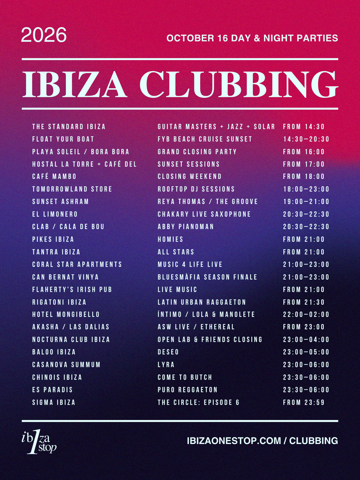 October 16, 2026 Ibiza Parties at Playa Soleil, Chinois, Akasha and Pikes and More: Grand Closing, Come To Butch, ASW Live and Homies