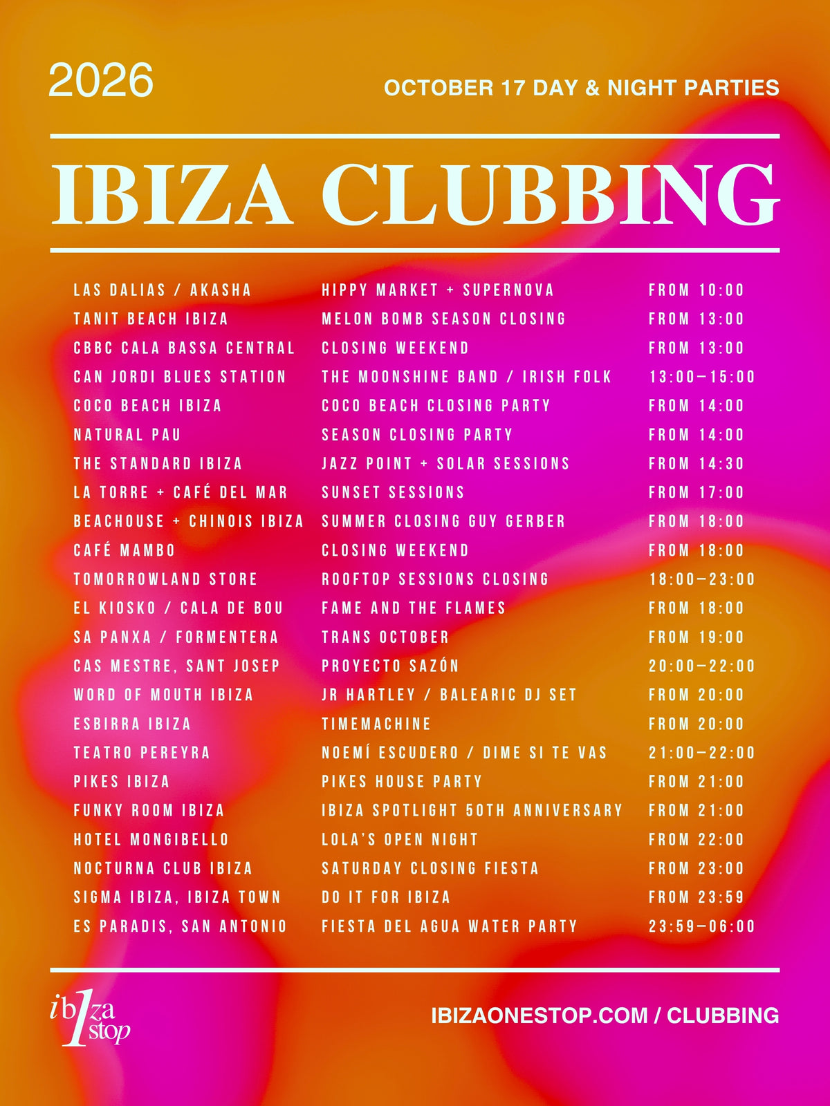 October 17, 2026 Ibiza Parties at Chinois, Beachouse, Pikes and More: Guy Gerber, Supernova, Melon Bomb and Closing Parties
