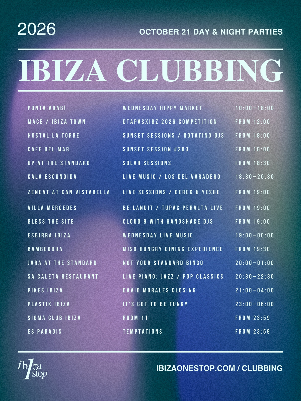 Wednesday, October 21, 2026 Ibiza Parties at Pikes and Es Paradis, Plus Punta Arabí Hippy Market, David Morales, Live Music and Sunset DJs