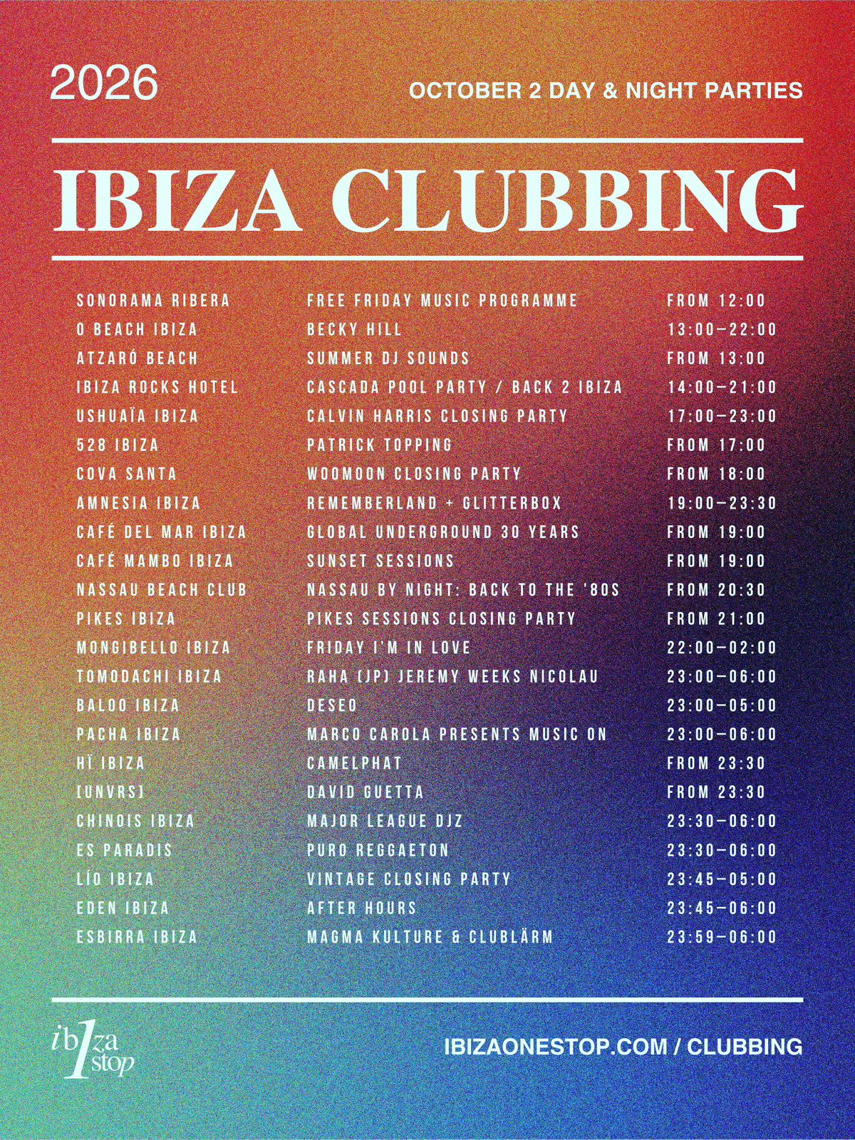 October 2, 2026 Ibiza Parties at UNVRS, Ushuaïa, Hï Ibiza, Pacha, Amnesia, 528 Ibiza, Chinois & More: David Guetta, Calvin Harris, CAMELPHAT, Marco Carola, Glitterbox & More