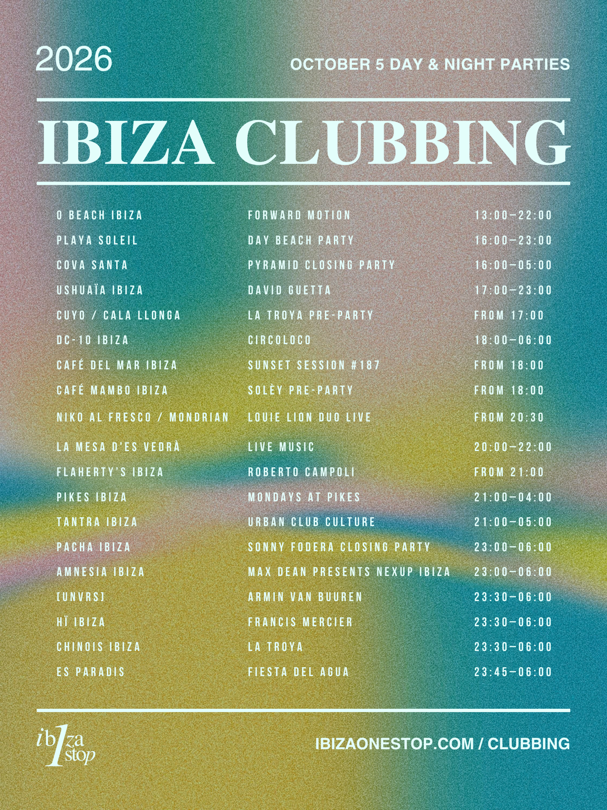 October 5, 2026 Ibiza Parties at Ushuaïa, Pacha, [UNVRS], Hï Ibiza, Amnesia, DC-10, Chinois & More: David Guetta, Sonny Fodera, Armin van Buuren & More