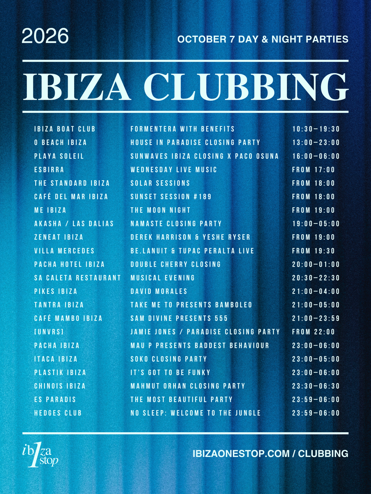 October 7, 2026 Ibiza Parties at [UNVRS], Pacha, O Beach, Chinois, Playa Soleil, Akasha & More: Jamie Jones, Mau P, Mahmut Orhan & More