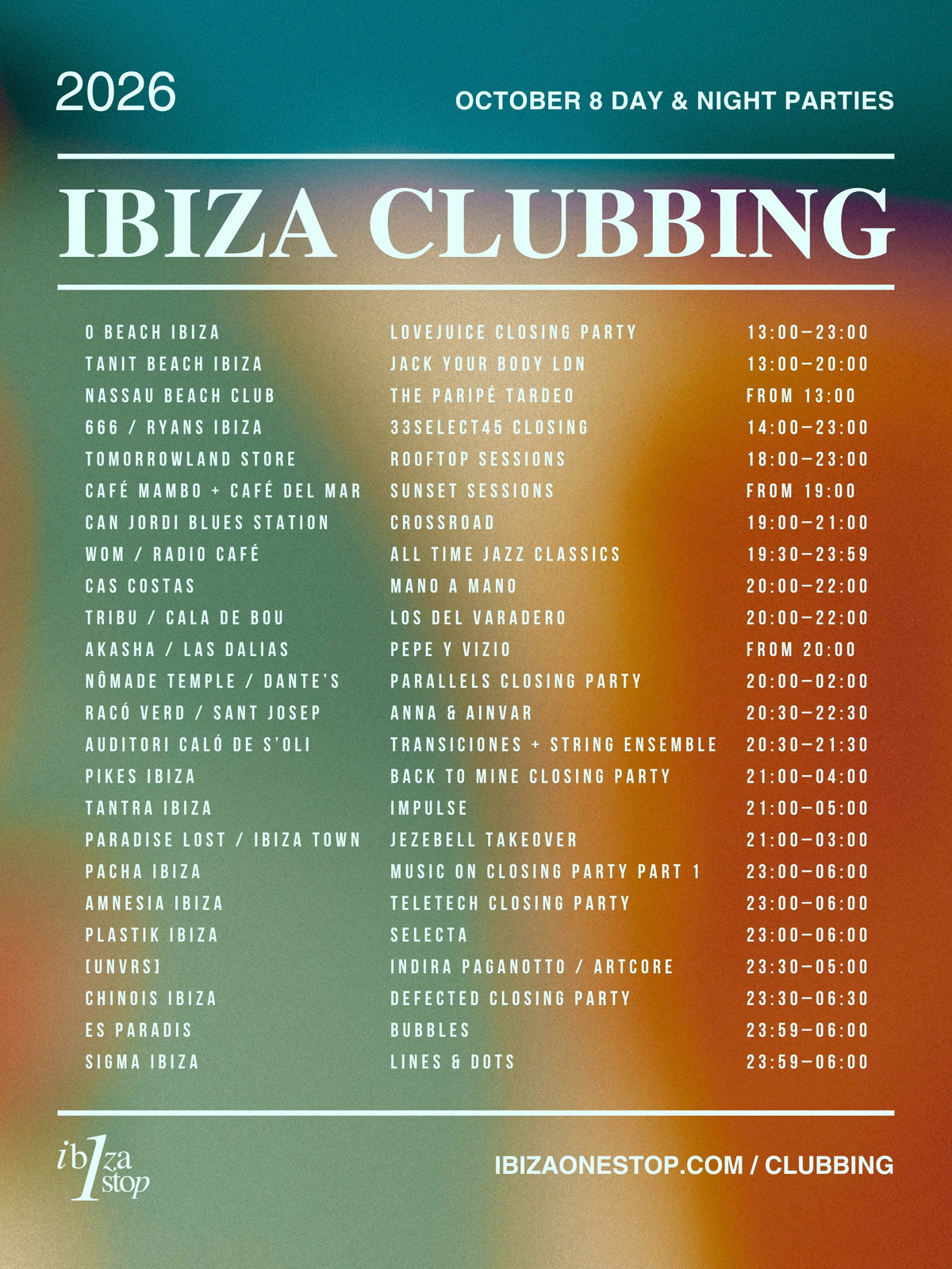 October 8, 2026 Ibiza Parties at [UNVRS], Pacha, Amnesia, Chinois, O Beach, Pikes & More: Indira Paganotto, Marco Carola, Defected & More