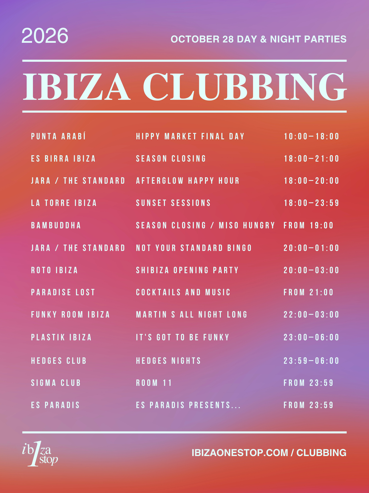 Wednesday, October 28, 2026 Ibiza Parties at ROTO for Shibiza Nights, Plastik, Funky Room, Es Paradis and More: Hippy Market, Live Music, Happy Hours and Closing Parties