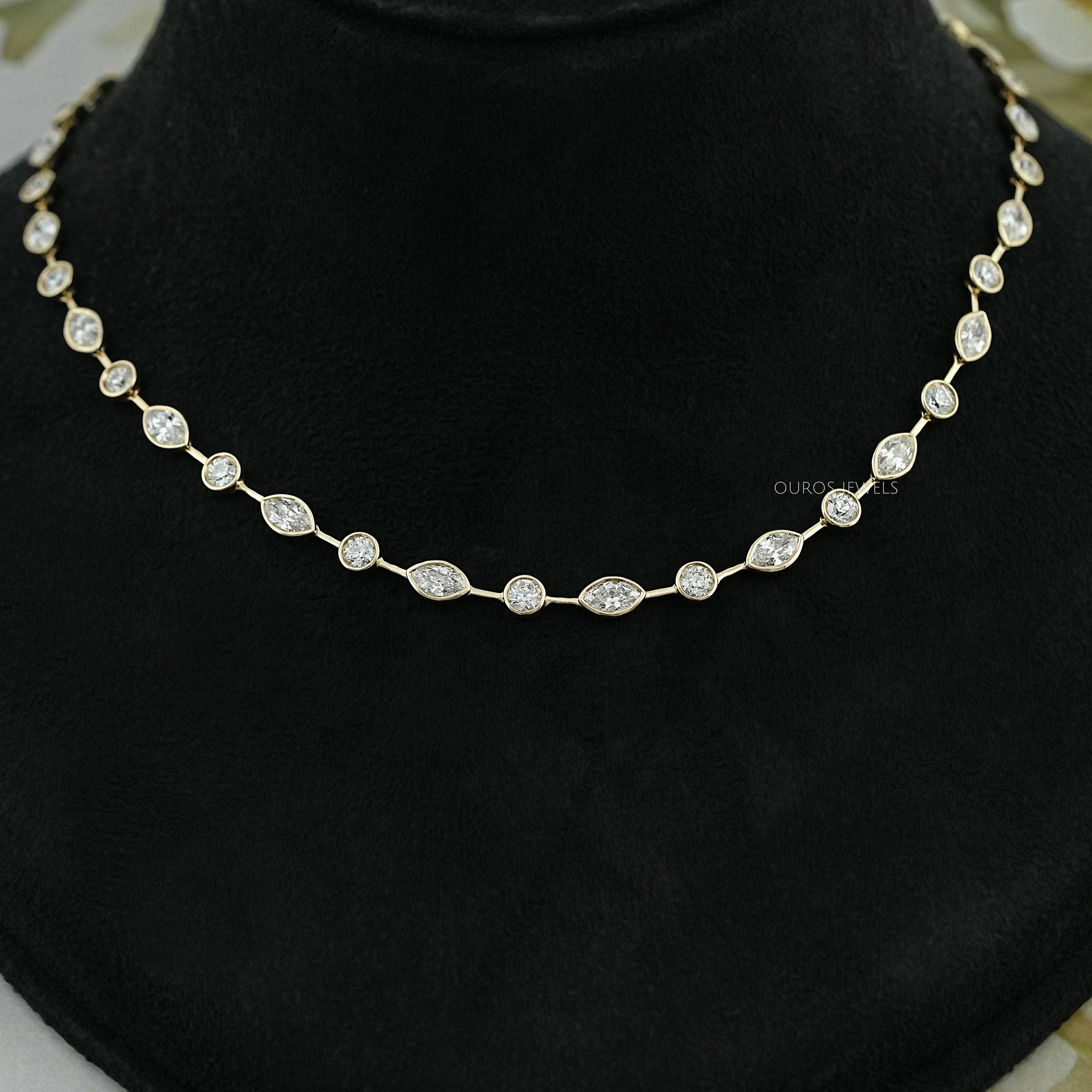 Bezel Set Old Mine Marquise Diamond Necklace
