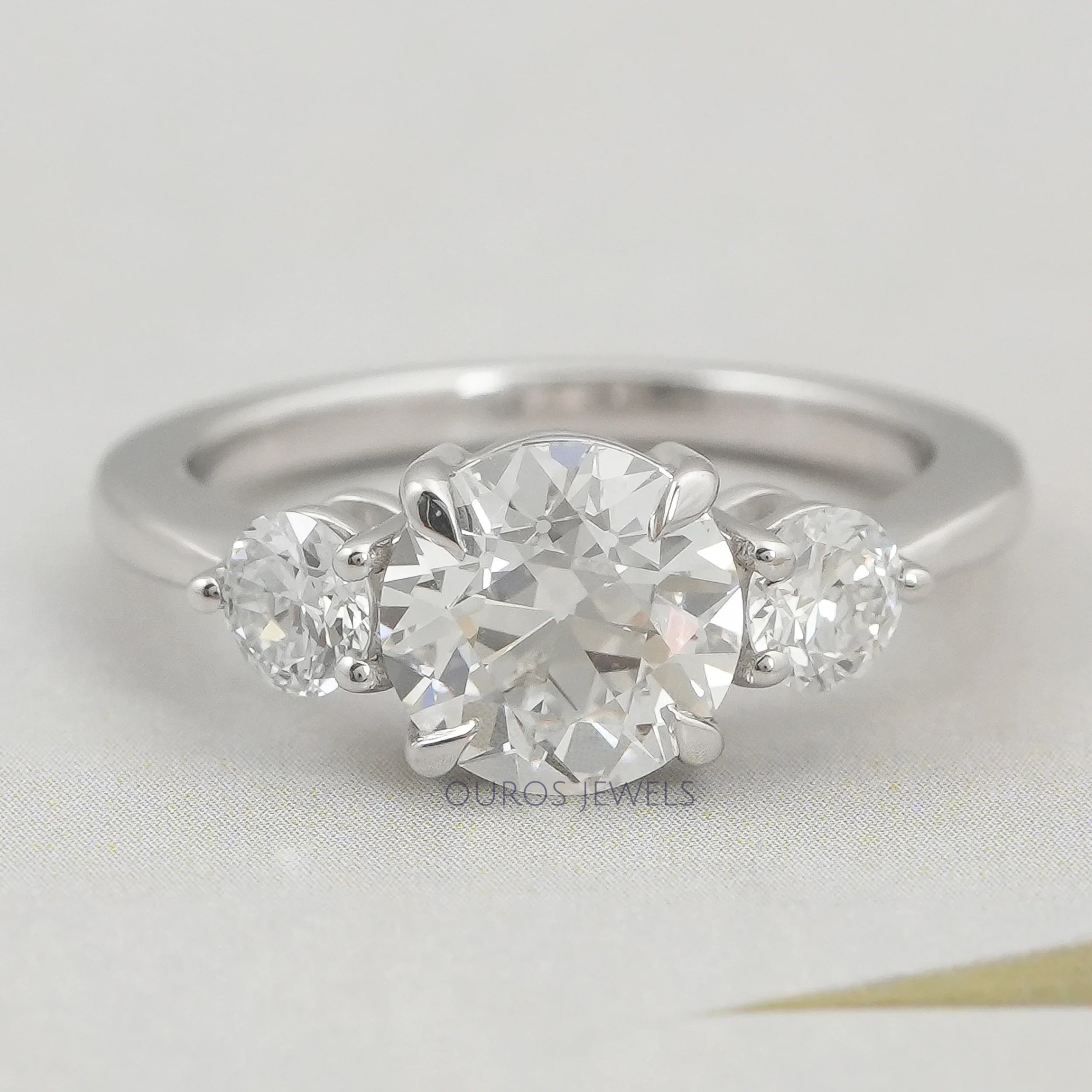 Old European Round Cut Three Stone Engagement Ring
