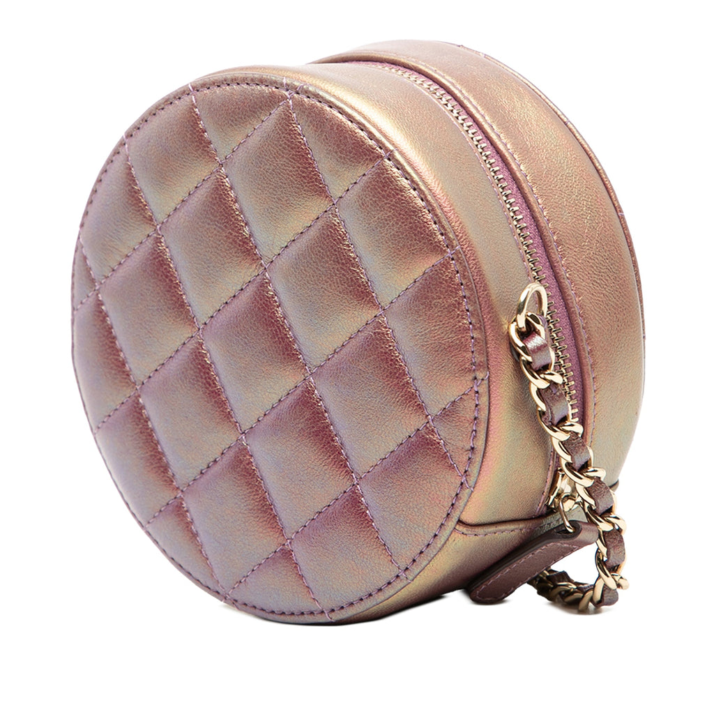 Quilted Iridescent Lambskin Round Clutch With Chain