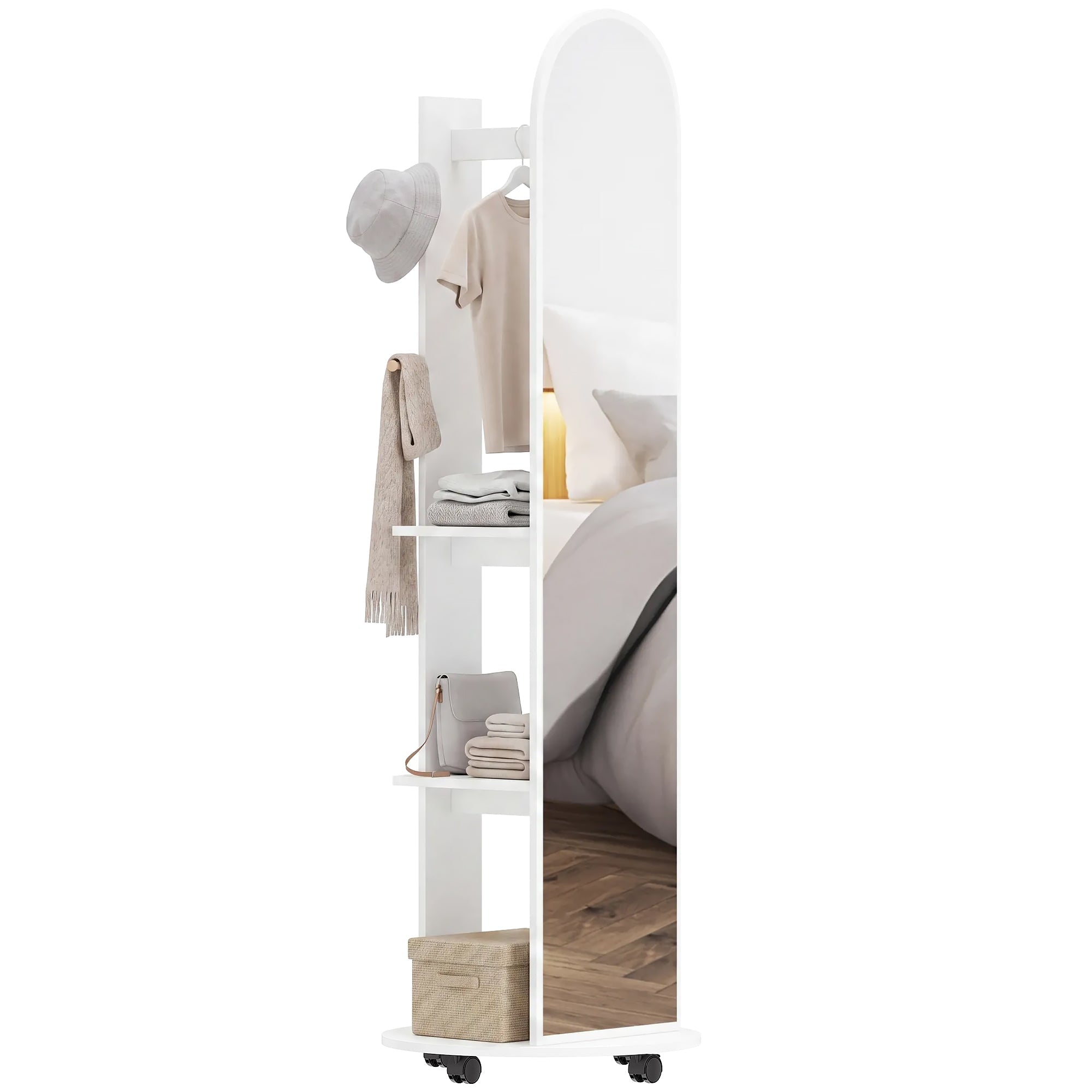 2-in-1 Full-Length Mirror with Storage Shelves, Universal Wheels and Coat Hooks, White