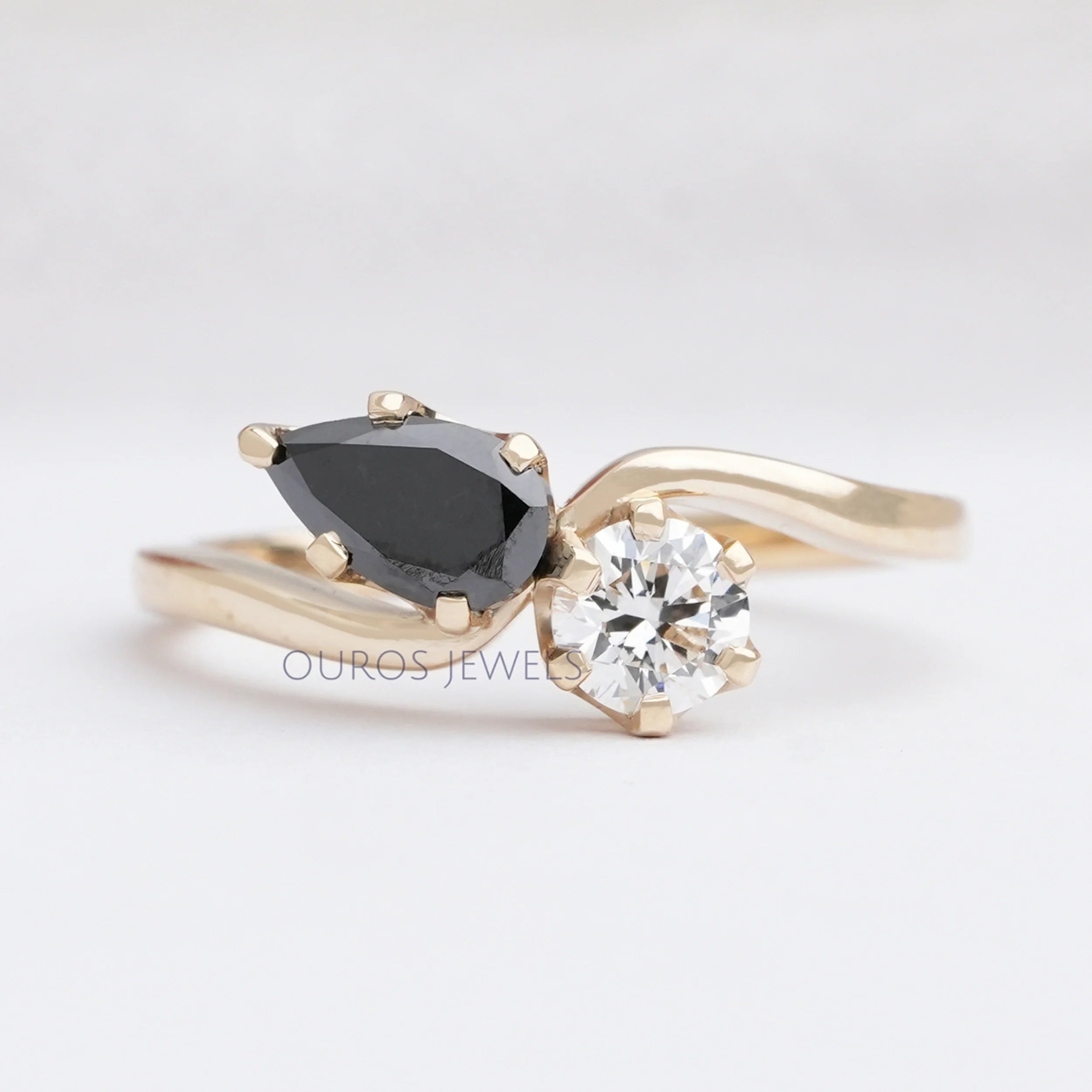 Natural Black Pear Cut Lab Grown  Diamond Two  Stone Ring