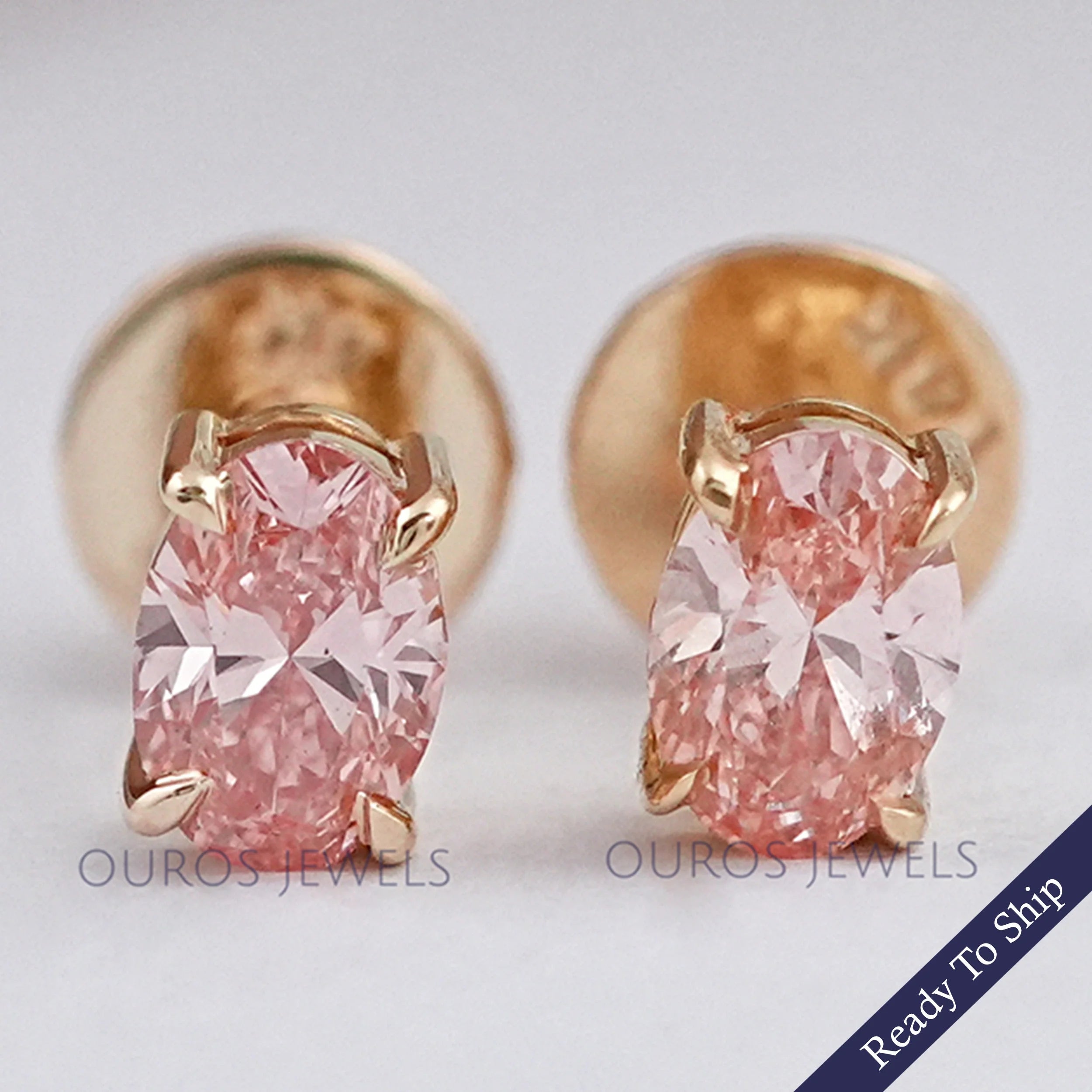 Fancy Pink Stud Earrings, 14K Yellow Gold Oval Stud