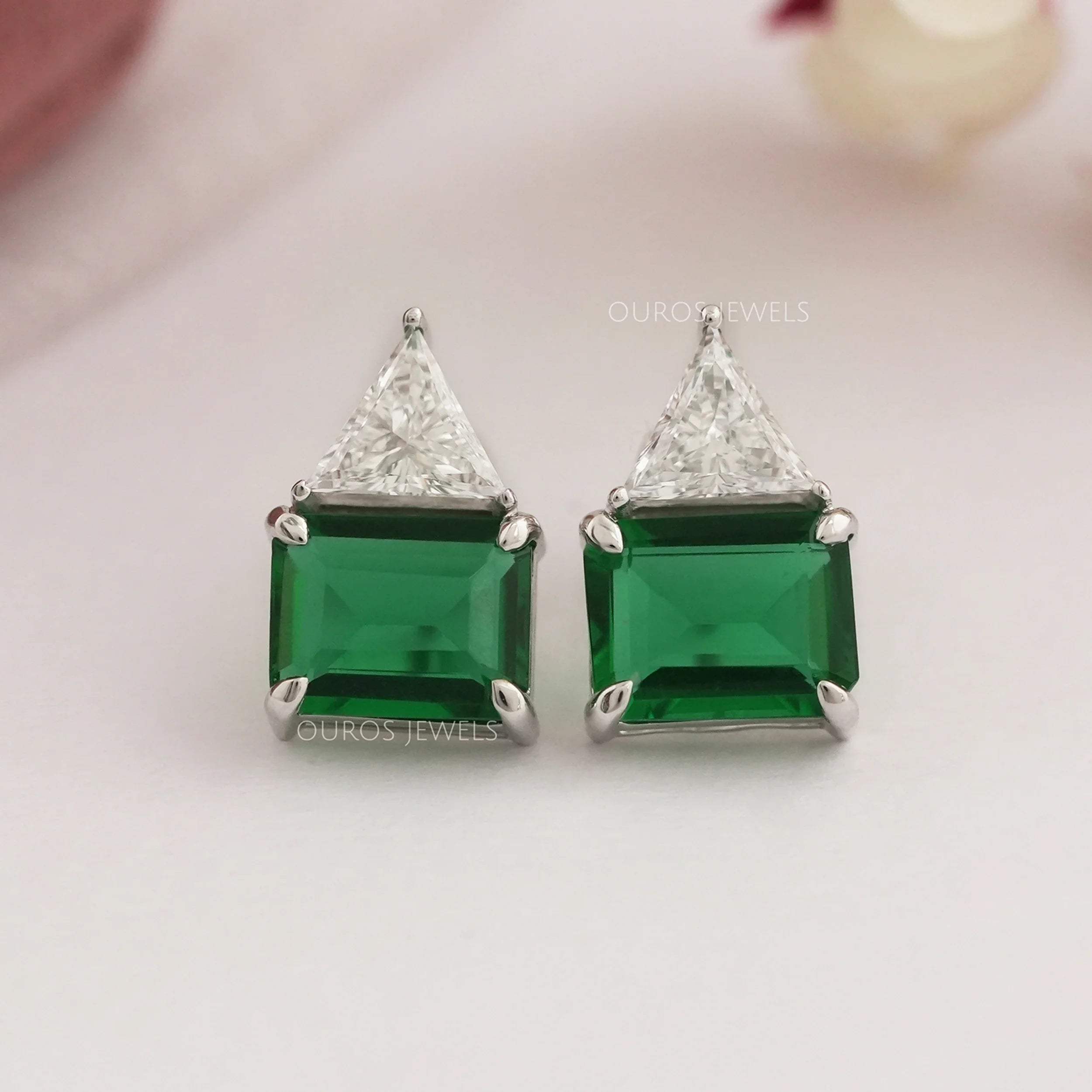 Emerald Green Gemstone and Triangle Diamond Stud Earrings