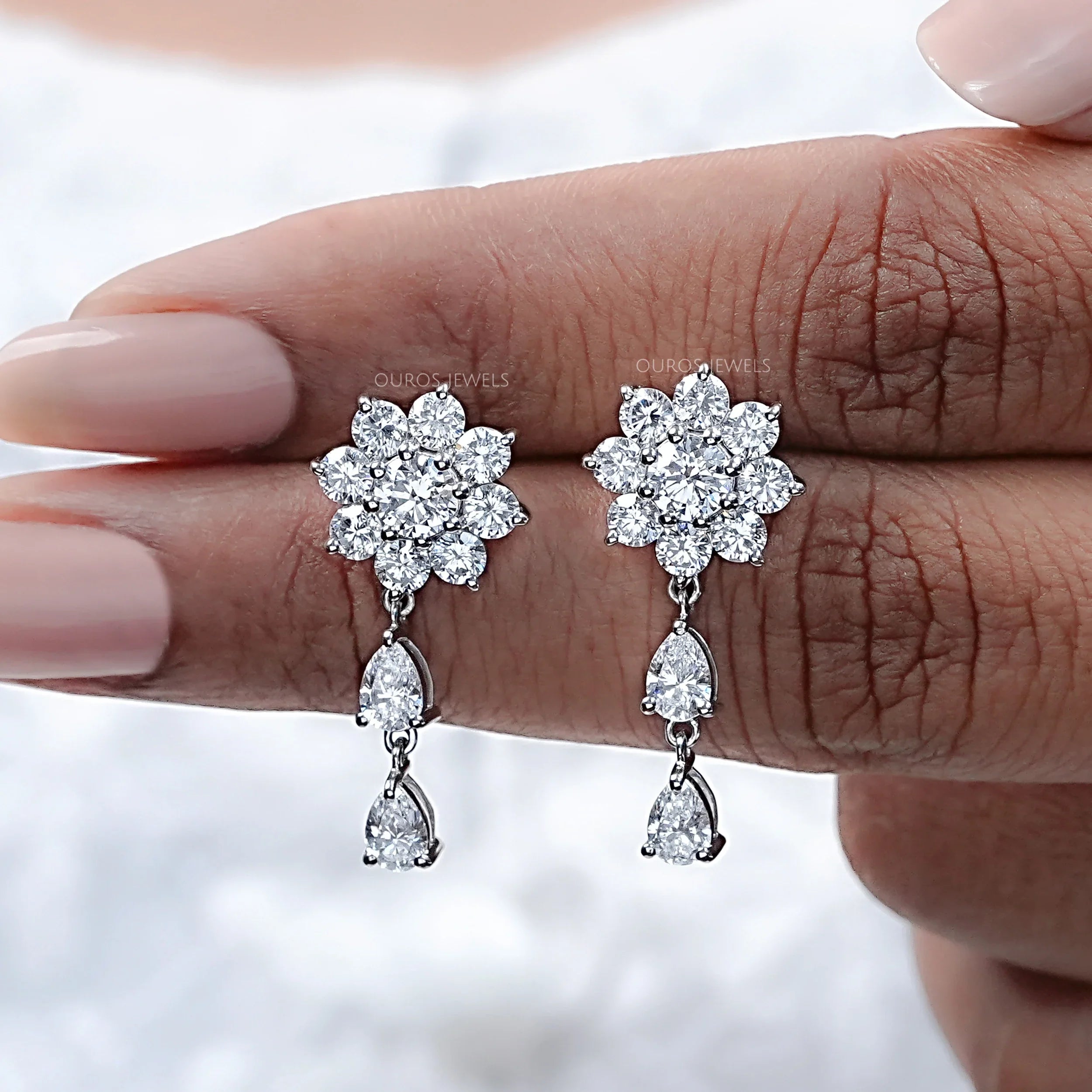 Round Diamond Halo Flower Drop Earrings