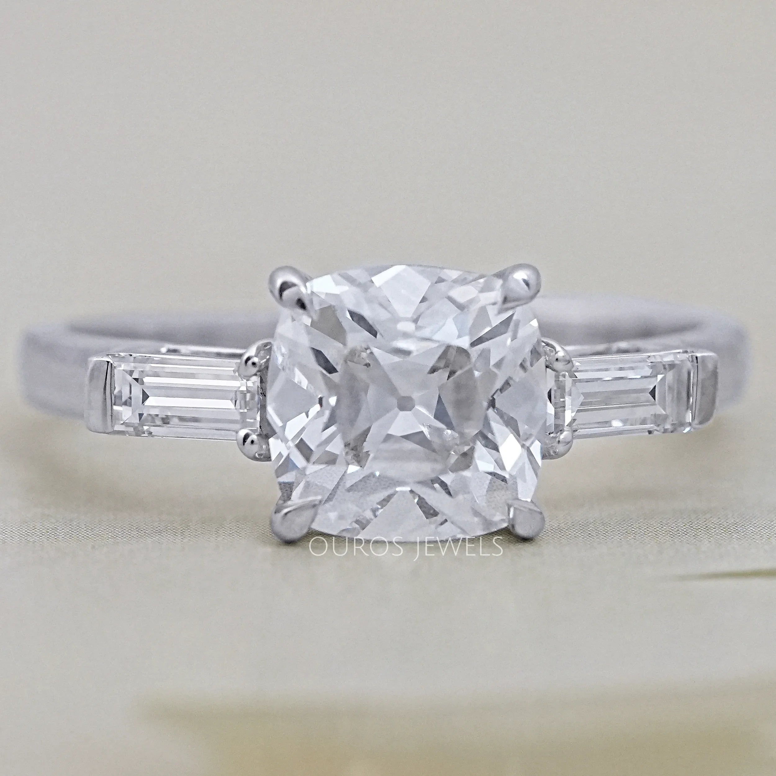 Square Old Mine Cushion Cut Lab Diamond Three Stone Ring