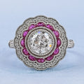 Old European Round Cut & Pink Halo Half Moon Gemstone Ring
