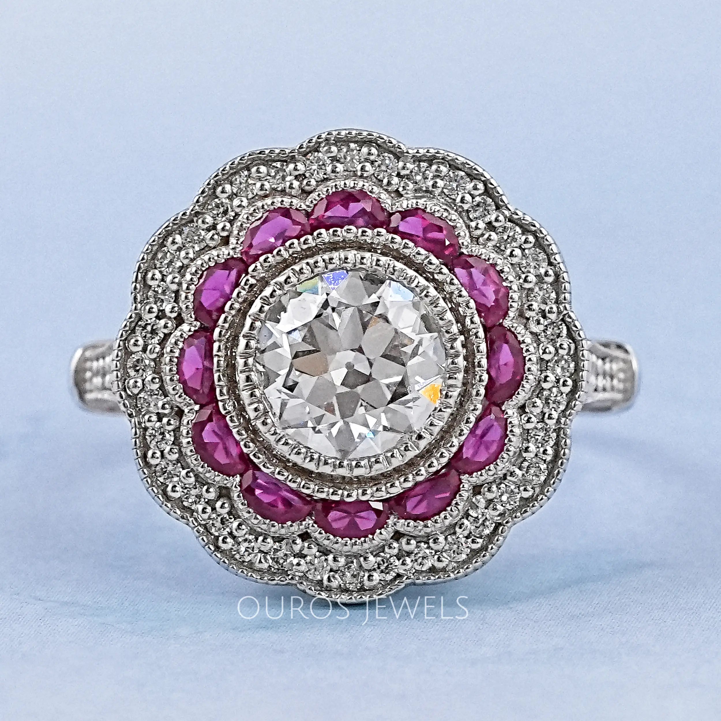 Old European Round Cut & Pink Halo Half Moon Gemstone Ring