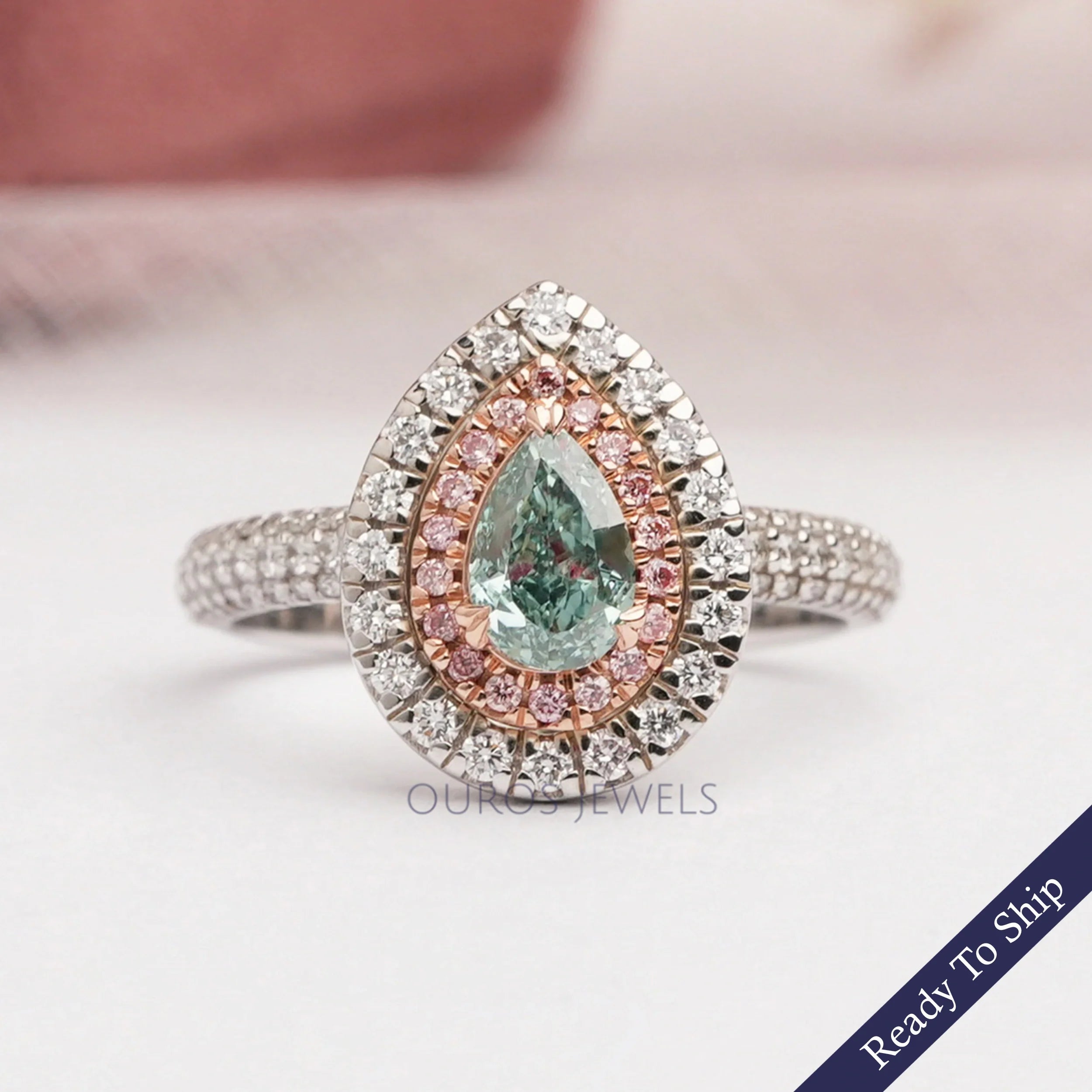 Fancy Vivid Green Pear Cut Lab Diamond Halo Ring