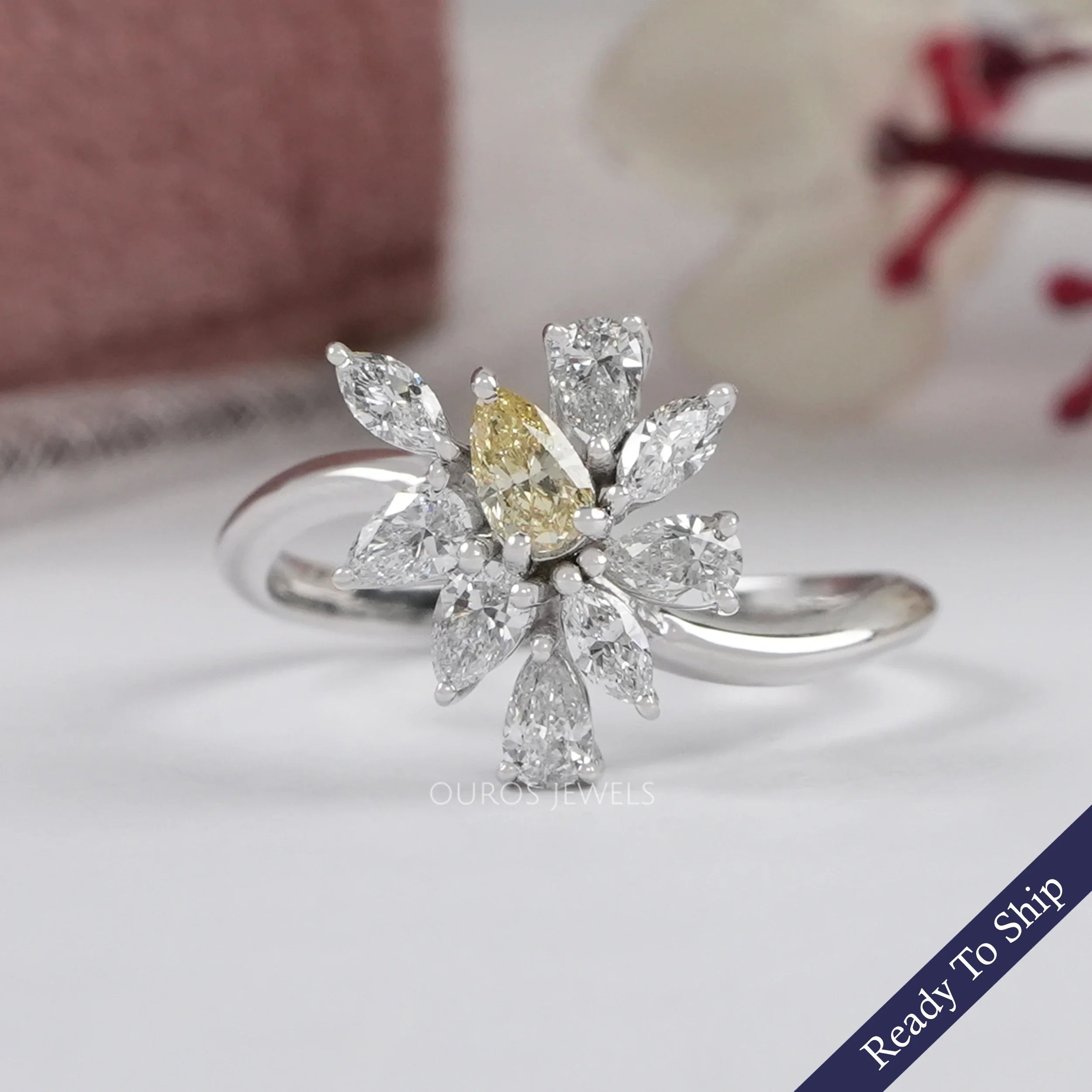 Yellow Pear And Marquise Cut Lab Diamond Cluster Set Ring