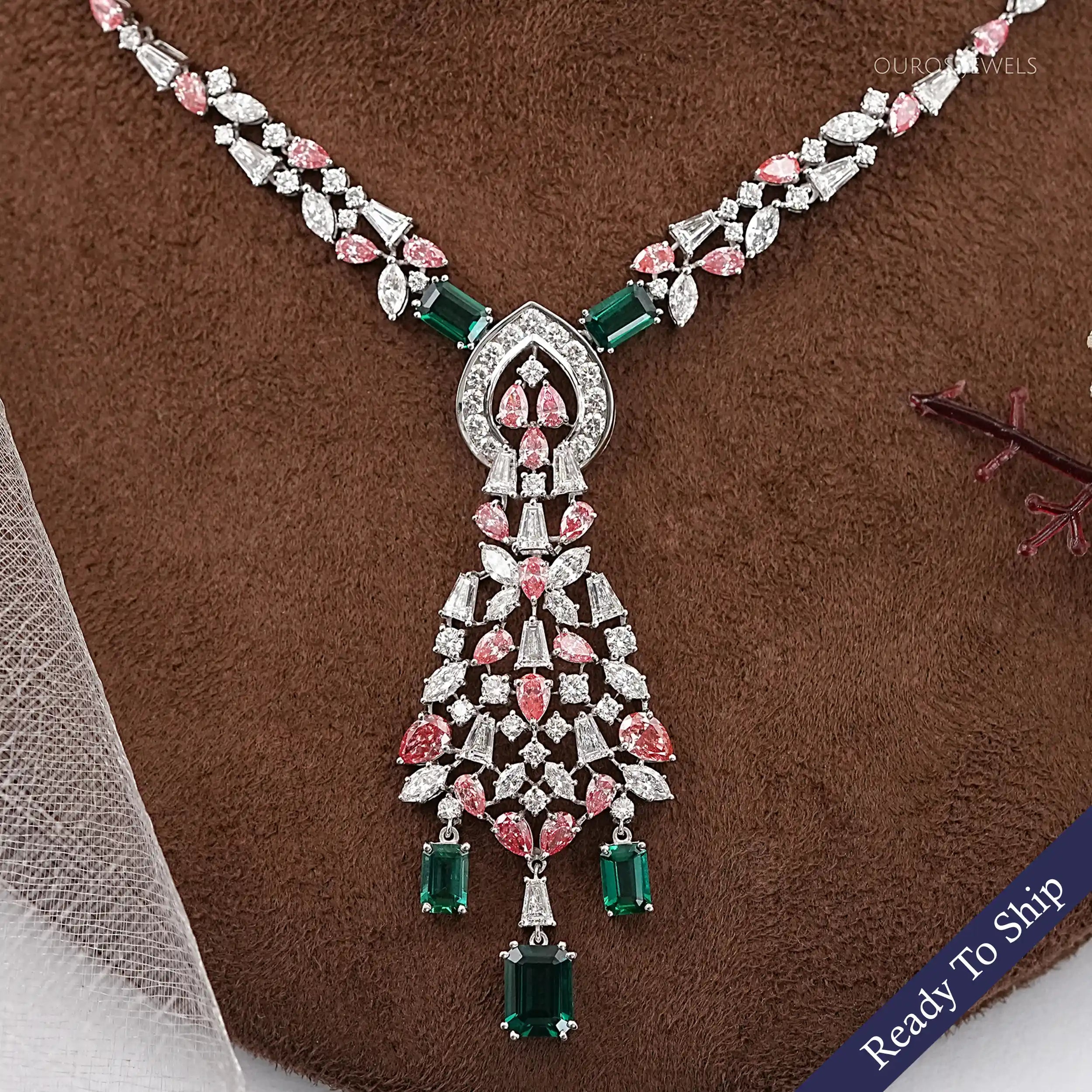 Pink Pear Diamond and Emerald Gemstone Bridal Necklace