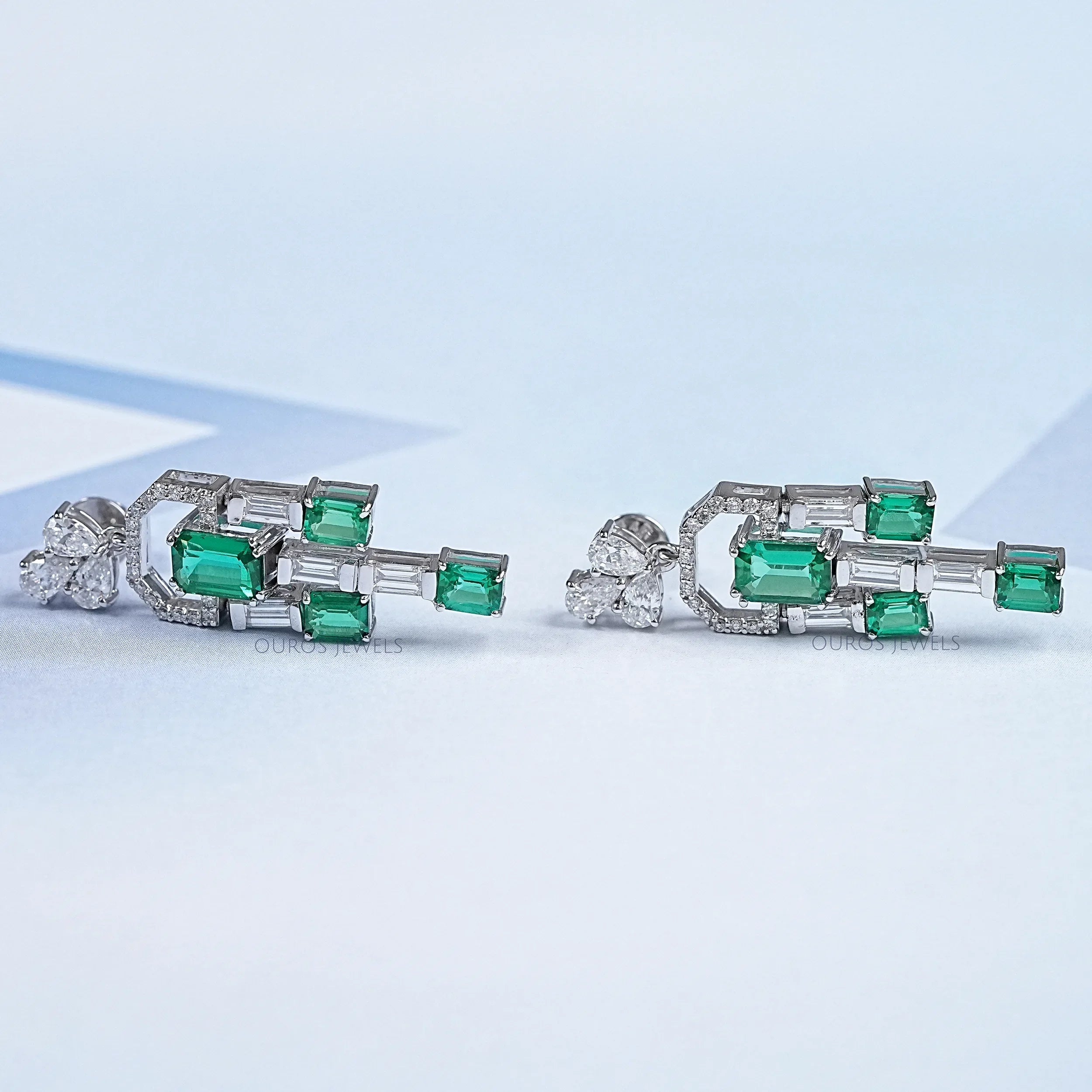 Green Emerald And Diamond Linear Drop Earrings