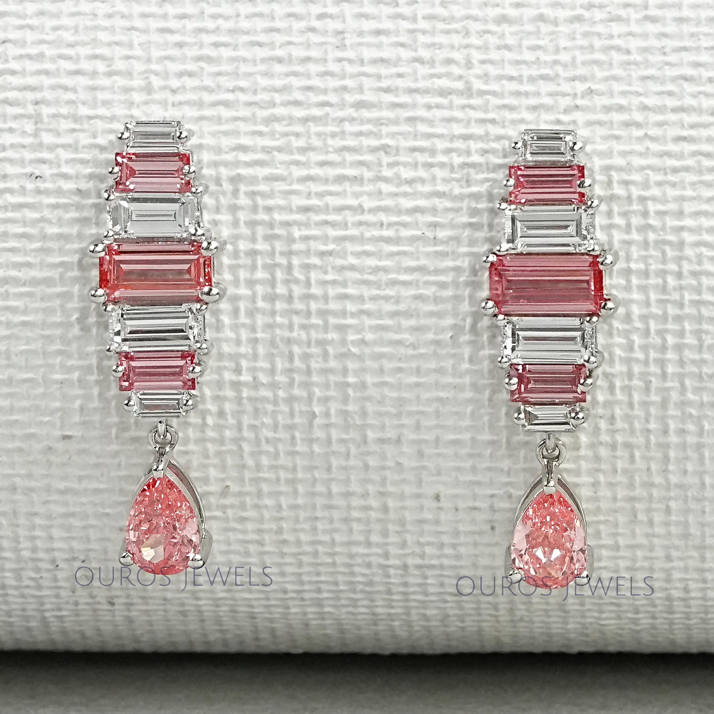 Pink Baguette Attentive Diamond Earrings