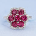 Red Ruby Cushion Shape Floral Halo Engagement Ring