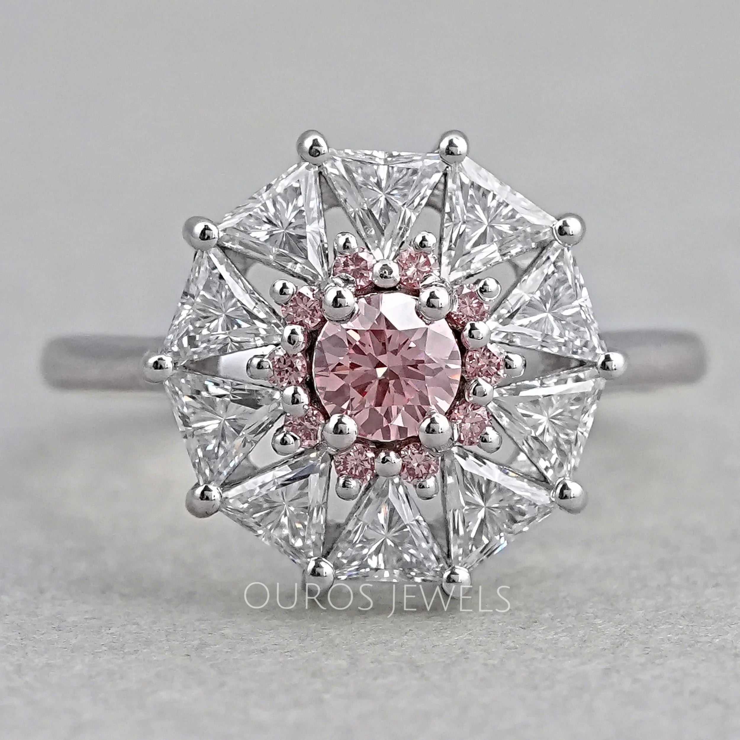 Pink Round Cut Halo Triangle Engagement Ring