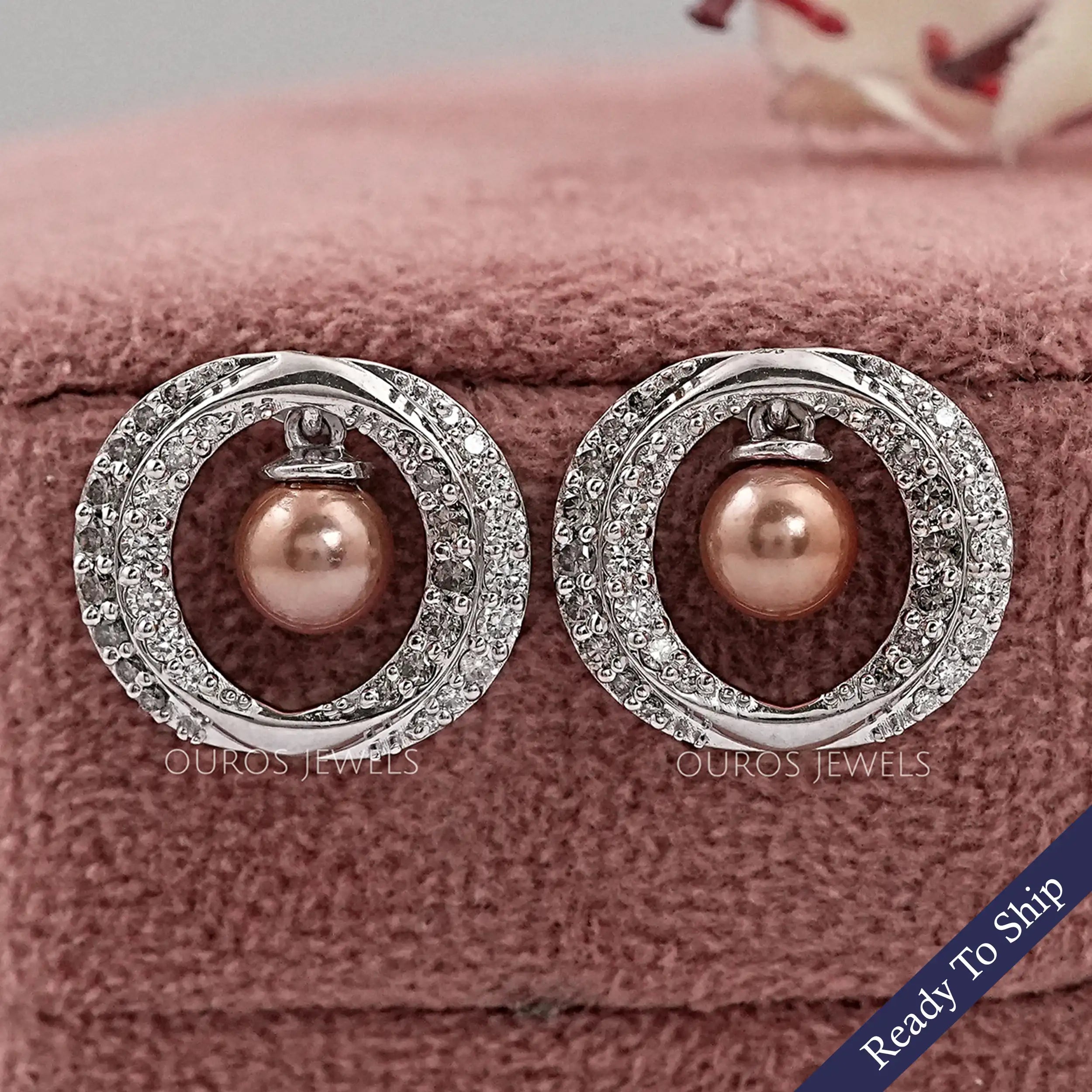 Round Diamond Halo Pearl  Earrings