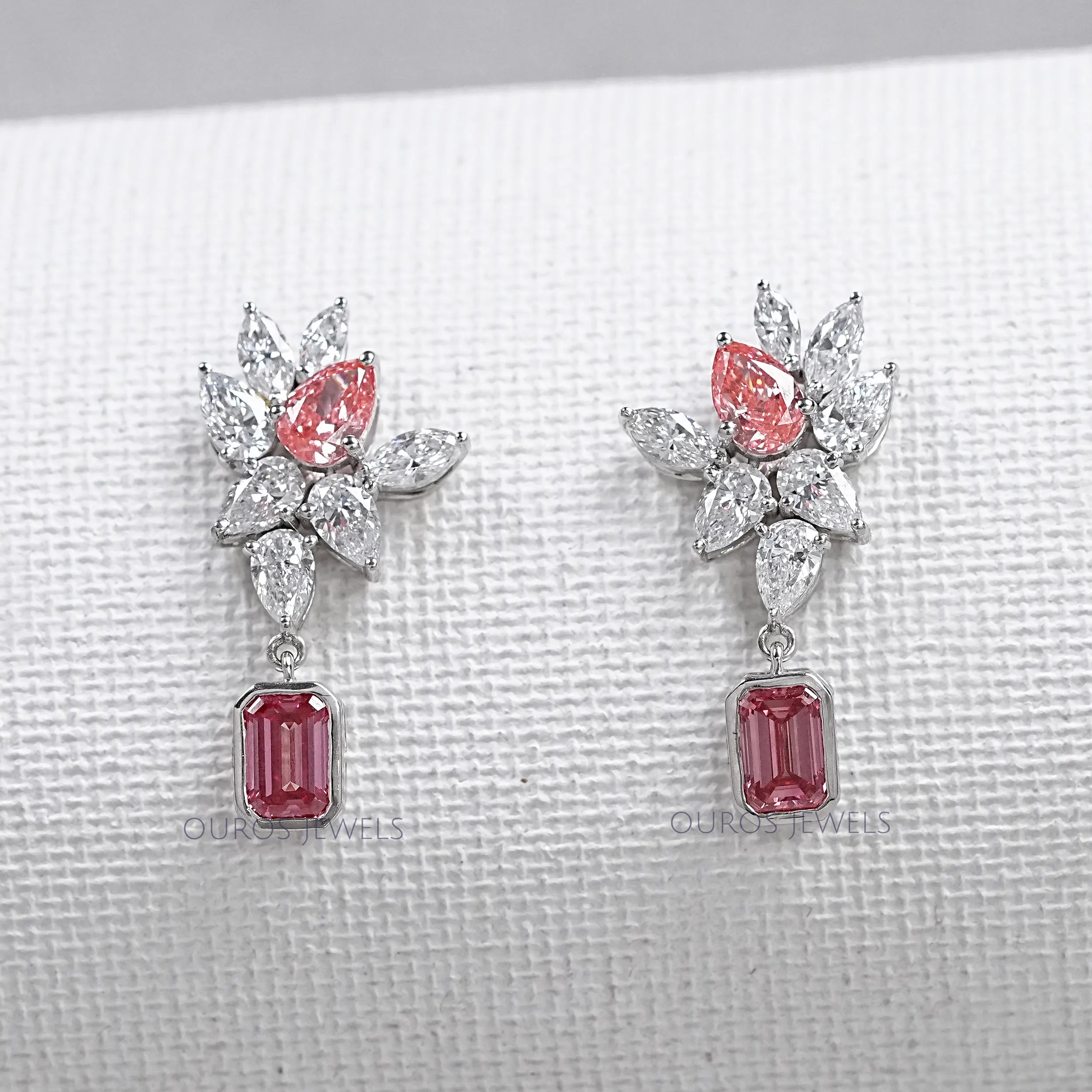 Cluster Drop Earrings With Pink & White Diamonds