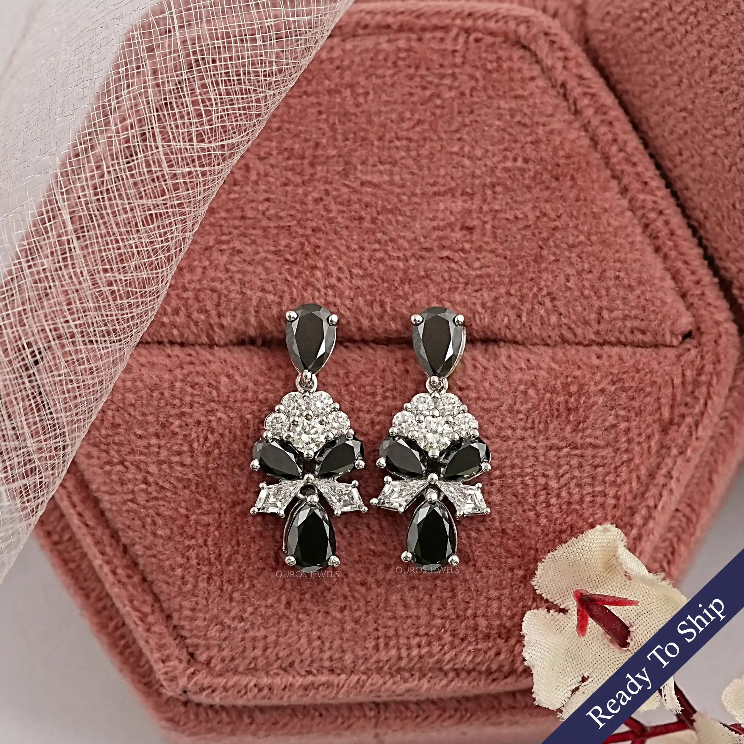 Black Pear Diamond Cluster Drop Earrings