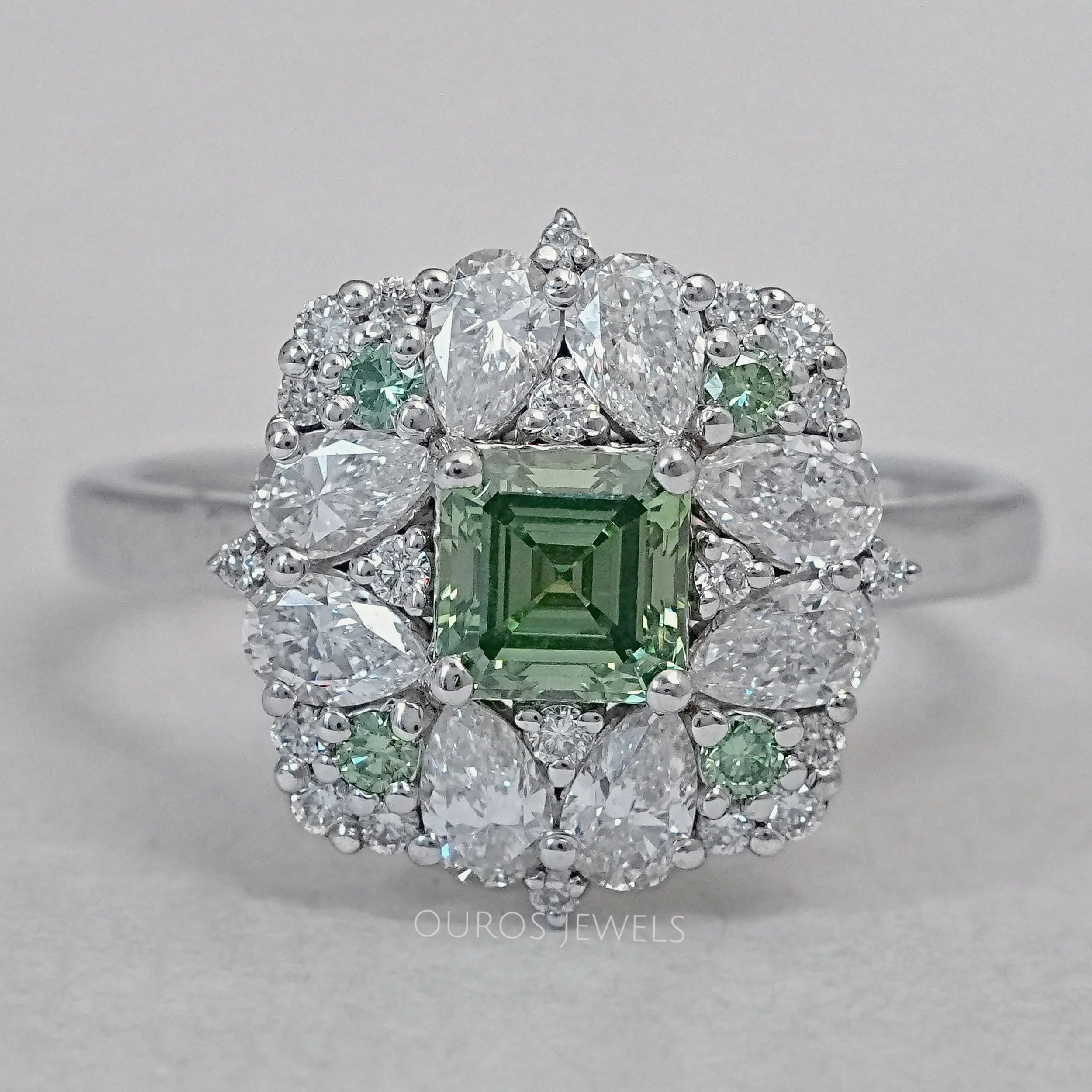 Asscher Cut Green Lab Diamond Cluster Engagement Ring