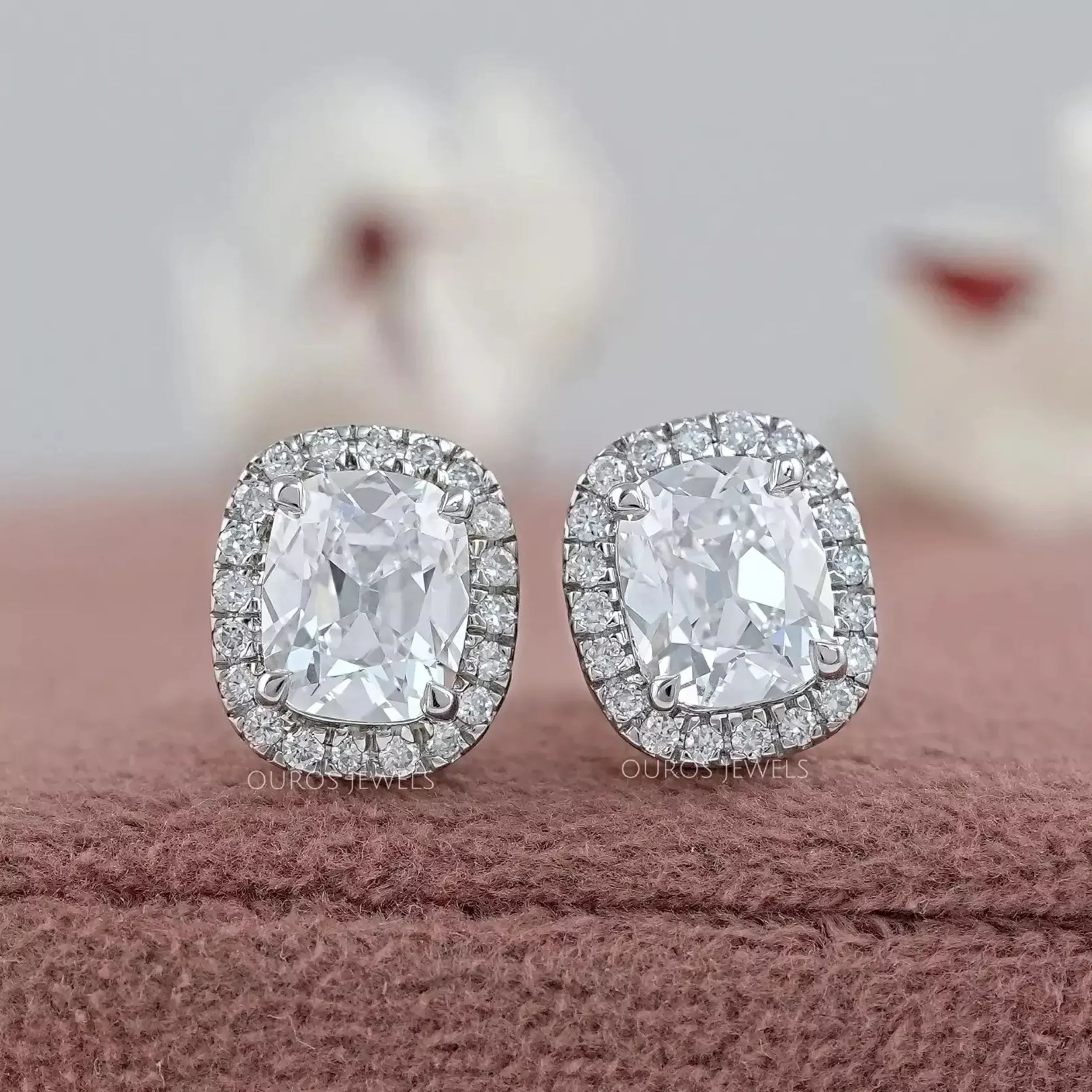 Old Mine Cushion Cut Halo Stud Earrings